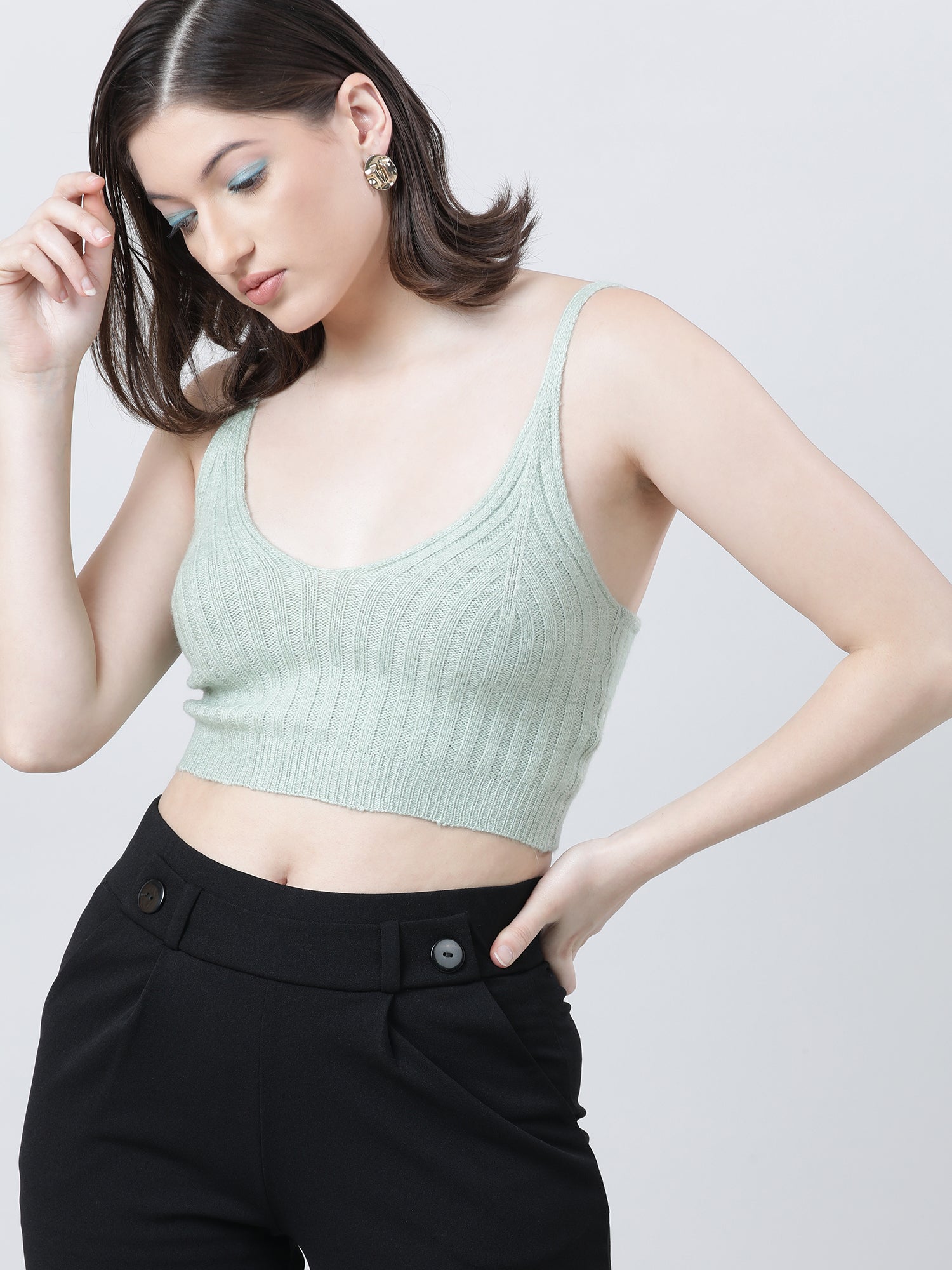 Women Slim Fit Light Green Ribbed Strappy Crop Top