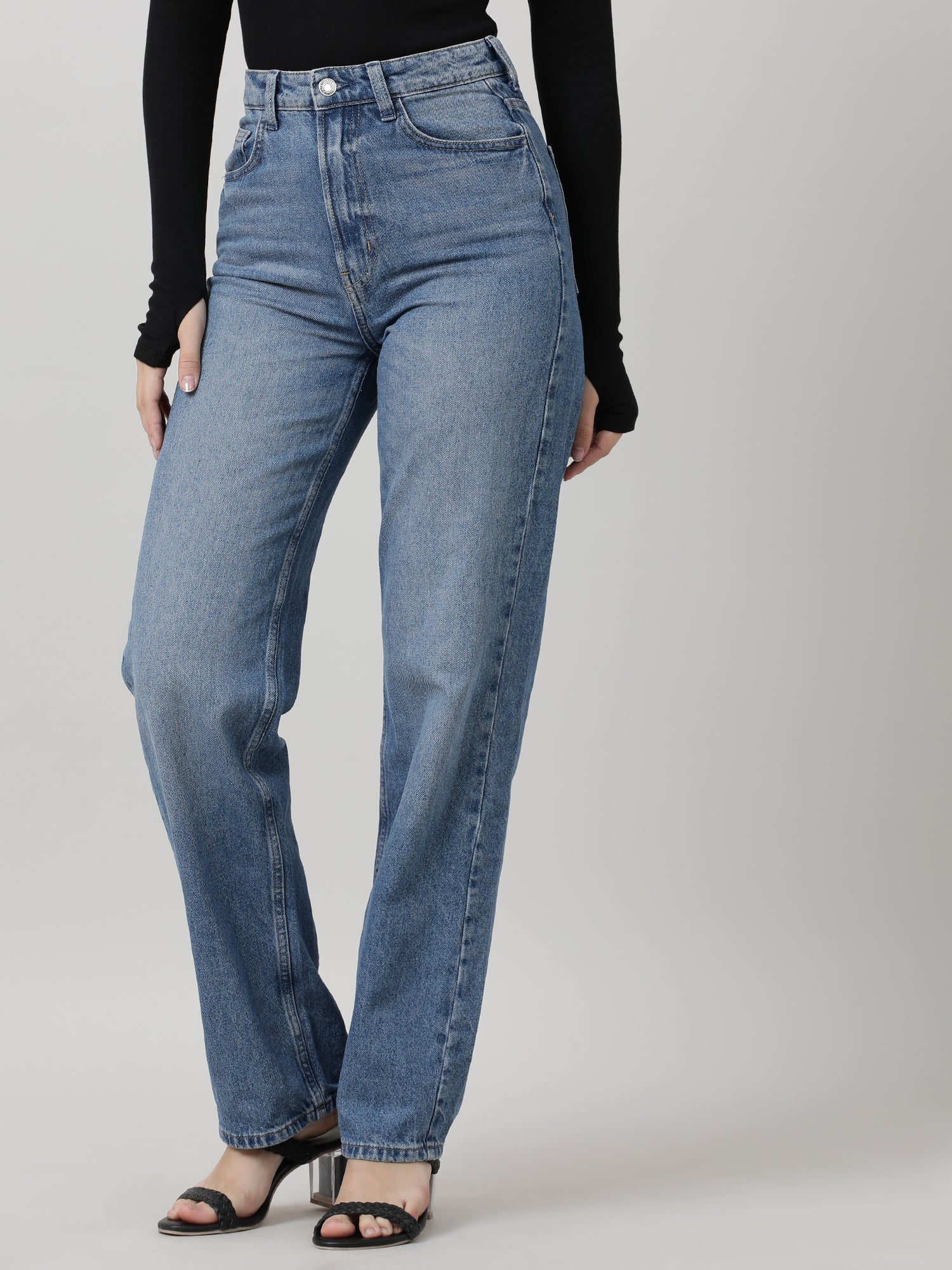 Women Regular Fit Blue Washed Denim Pants