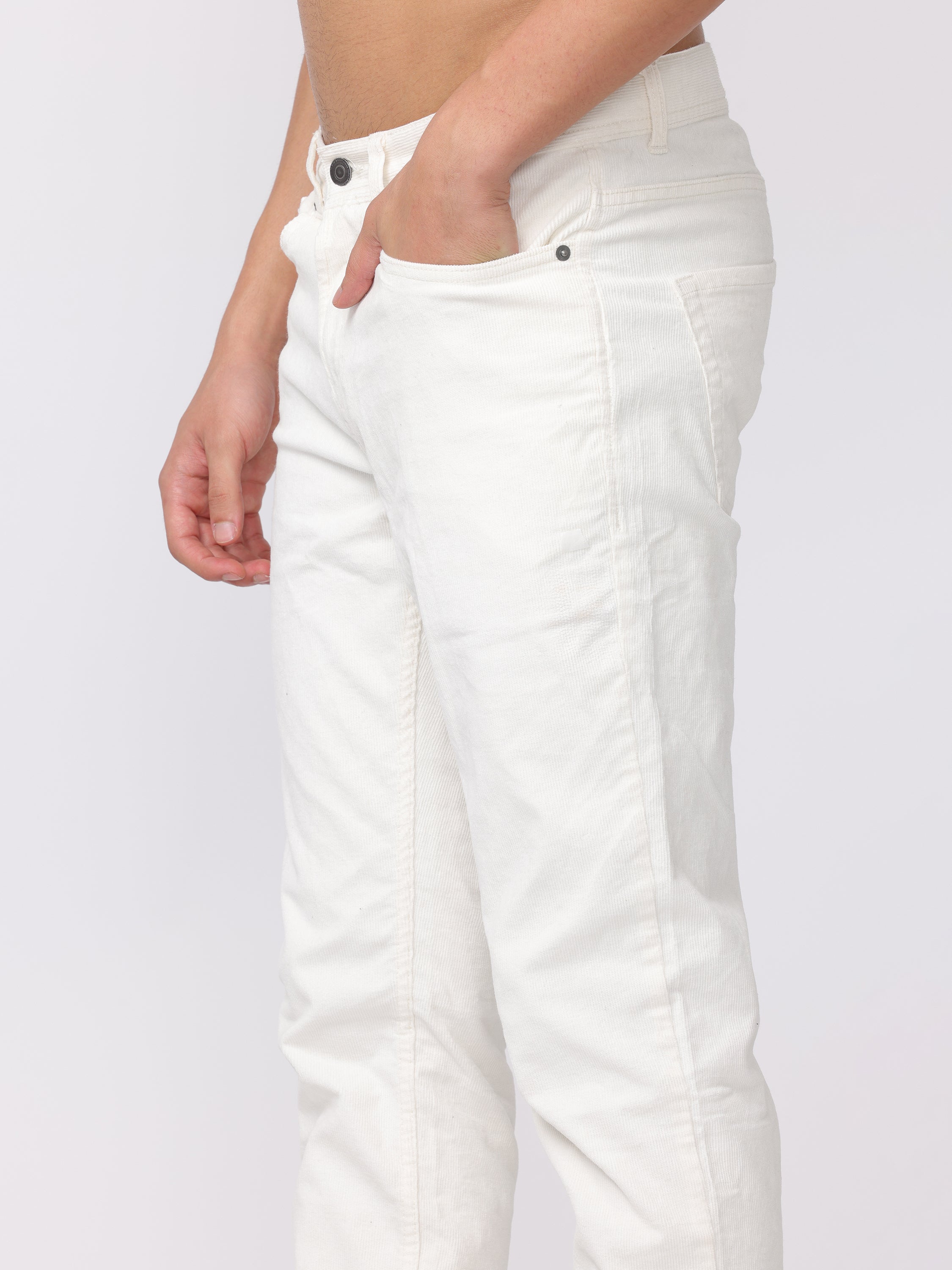 Men White Regular Fit Corduroy Pants