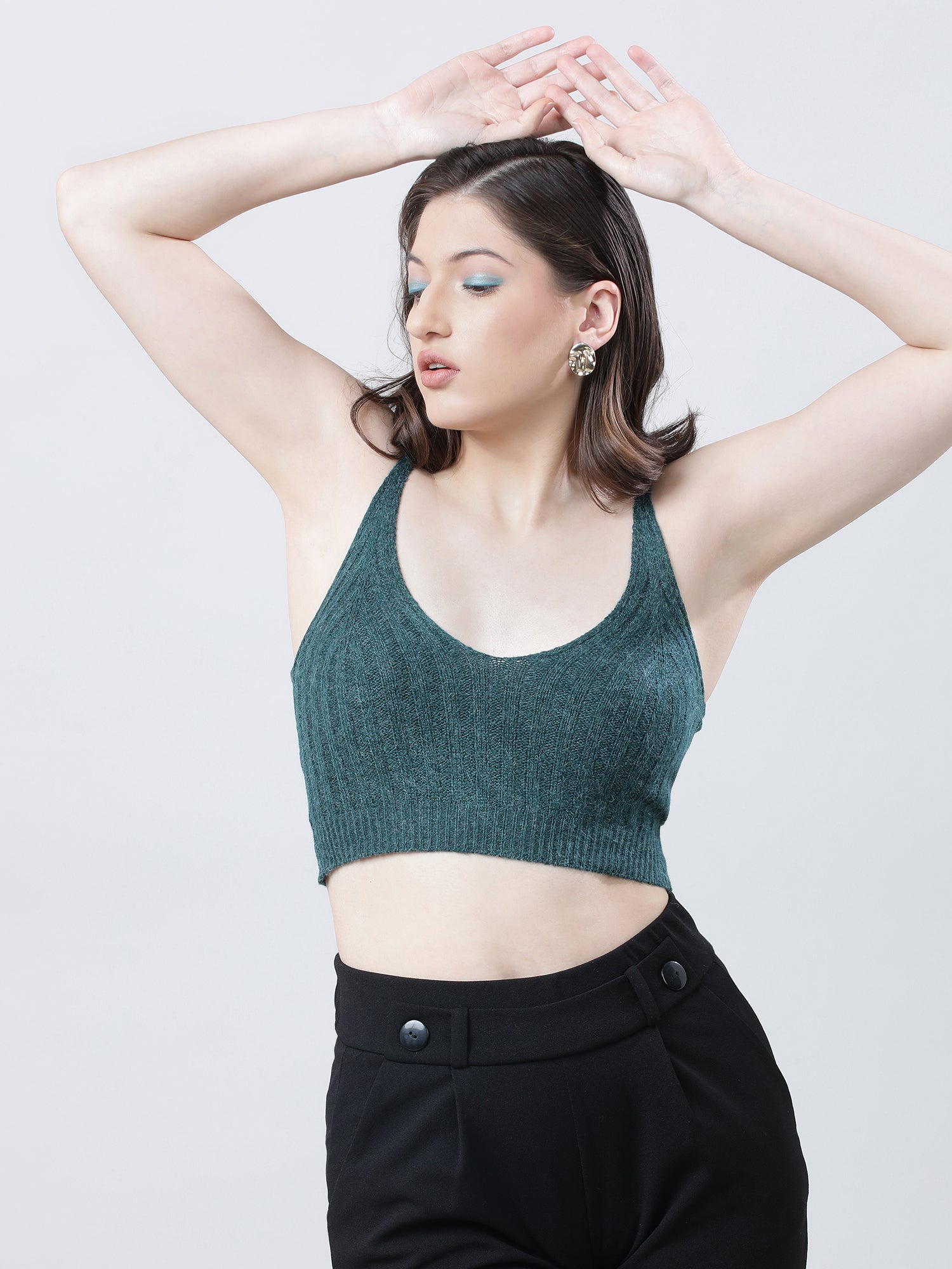 Women Slim Fit Light Dark Green Ribbed Strappy Crop Top