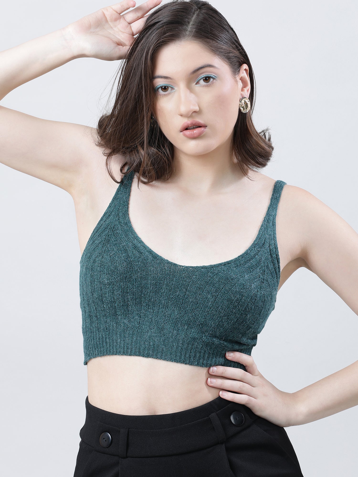 Women Slim Fit Light Dark Green Ribbed Strappy Crop Top