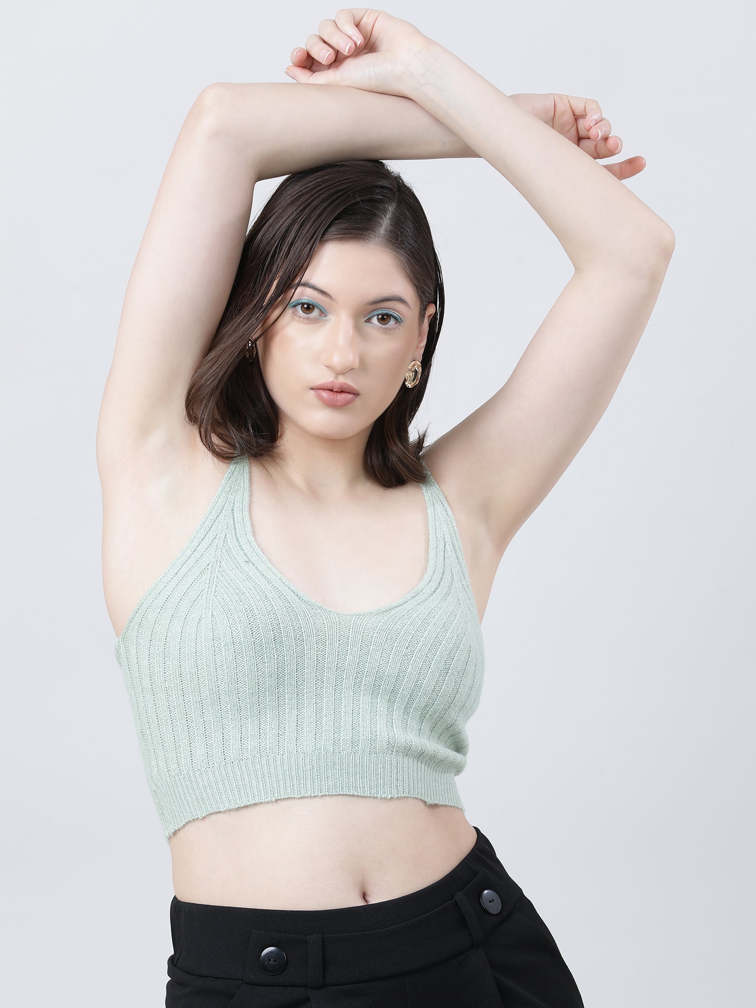 Women Slim Fit Light Green Ribbed Strappy Crop Top