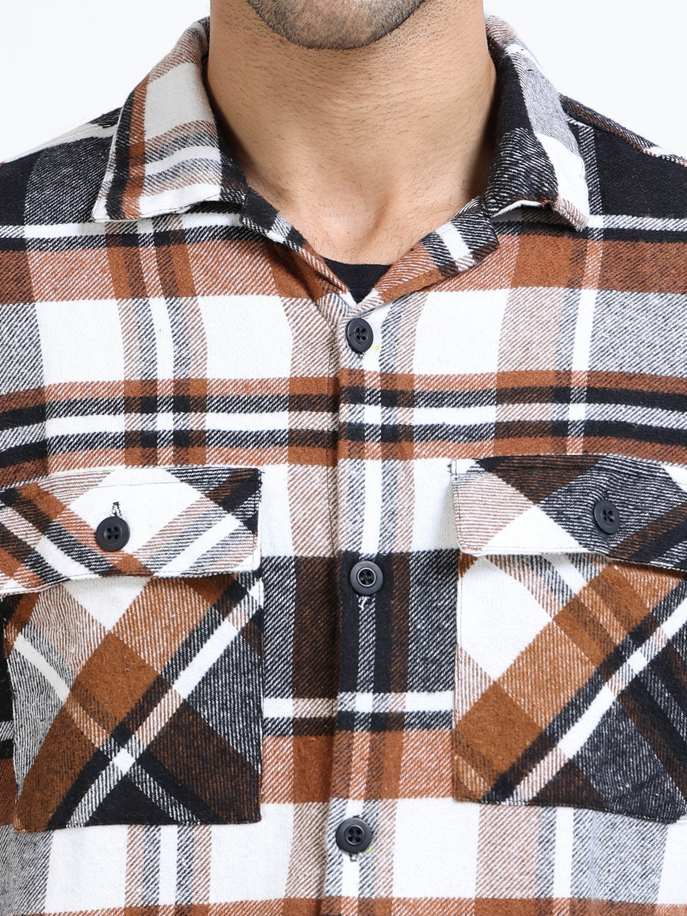 Men Twill Brown Checked Brushed Overshirt