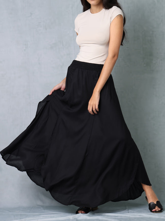 Women Black Maxi Skirt with Slits