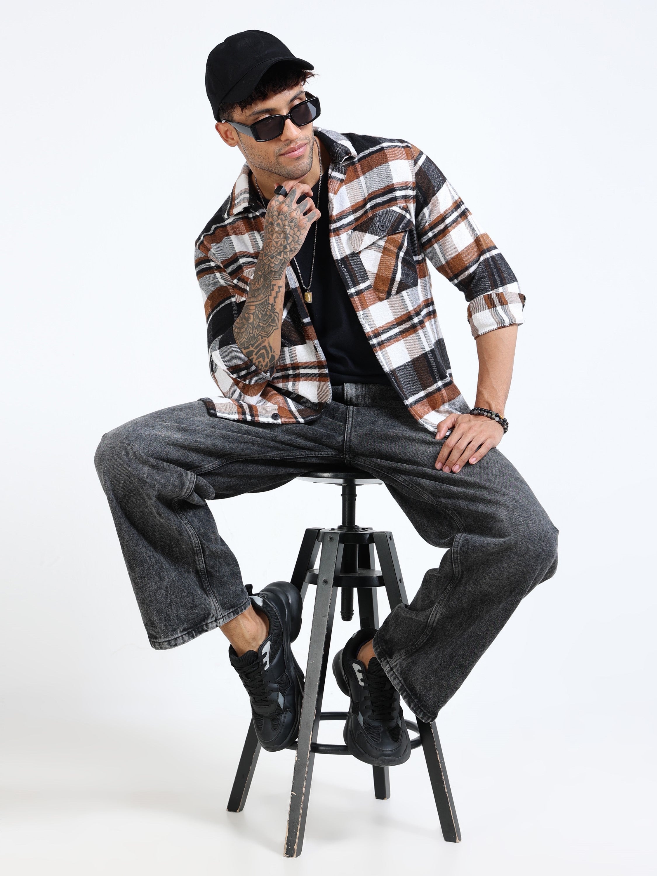 Men Twill Brown Checked Brushed Overshirt