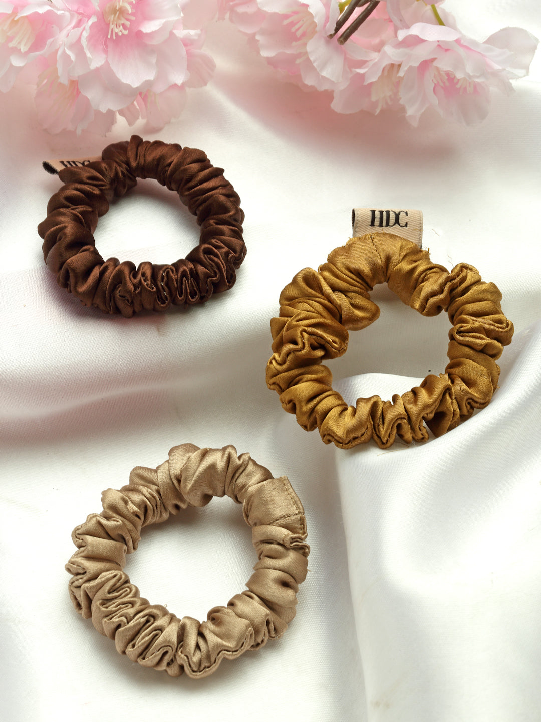 Brown Silk Satin Scrunchies Pack Of 3