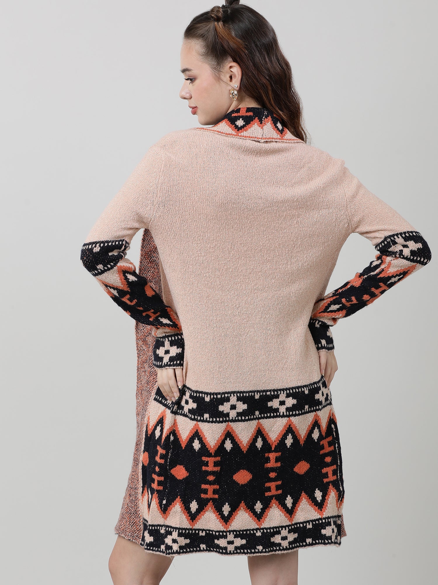 Women Relaxed Fit Coral Longline Open Front Shrug