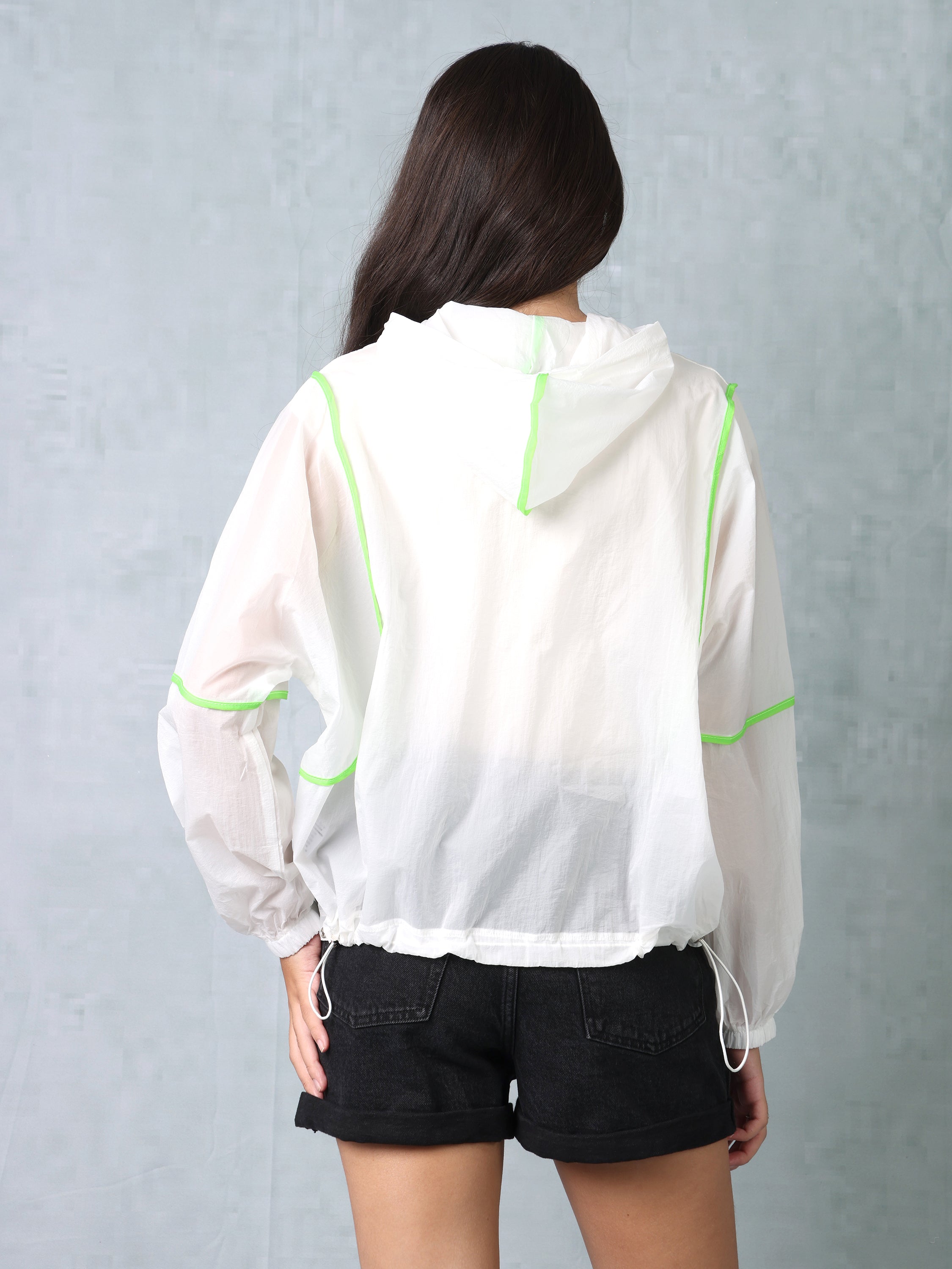Women White/Neon Green Parachute Hooded Jacket