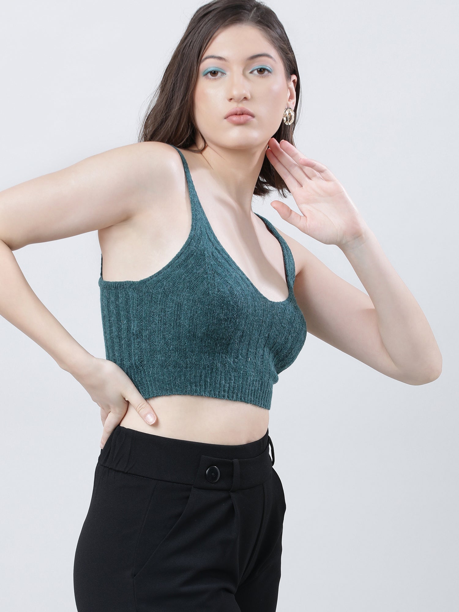 Women Slim Fit Light Dark Green Ribbed Strappy Crop Top