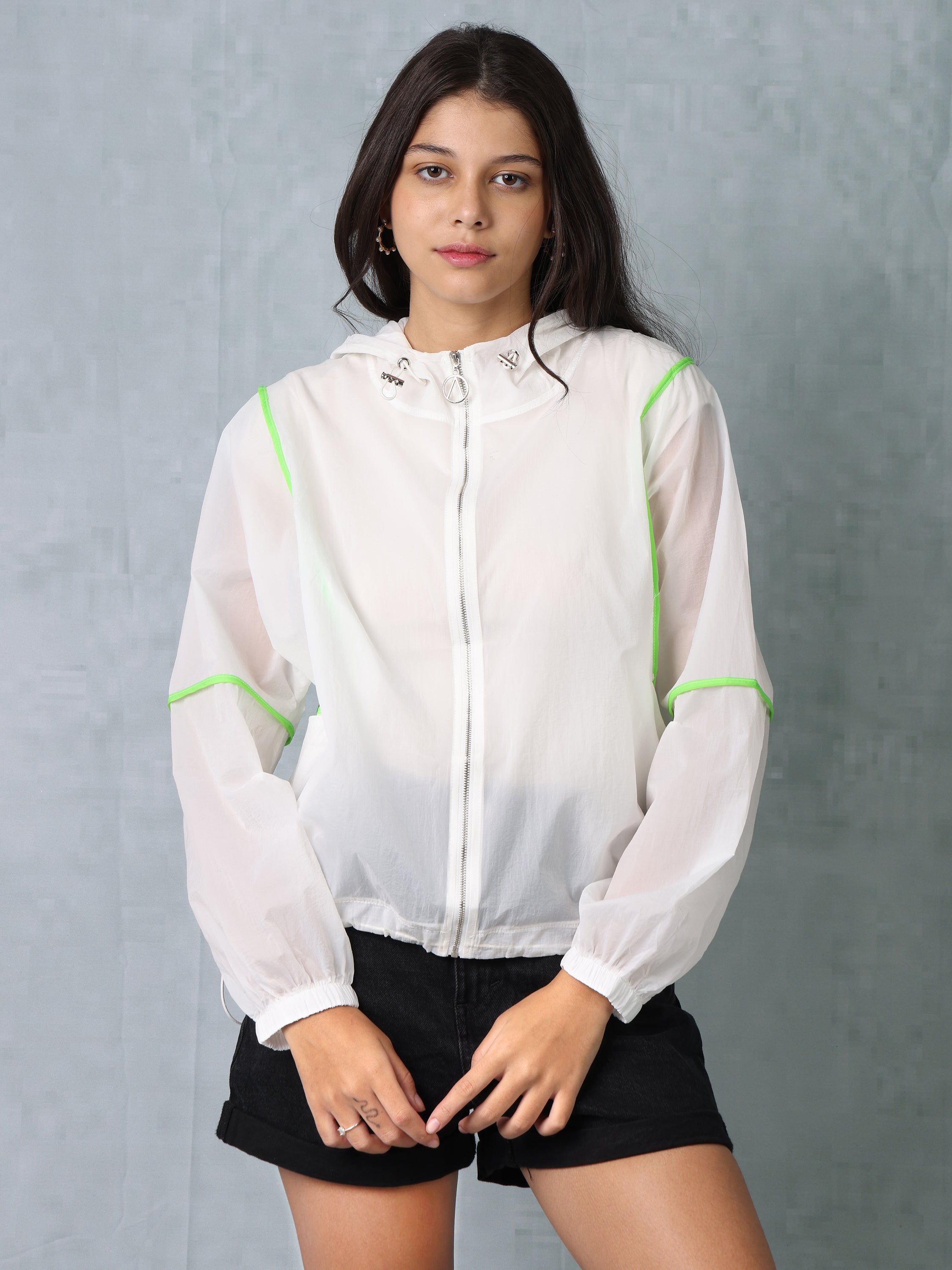 Women White/Neon Green Parachute Hooded Jacket