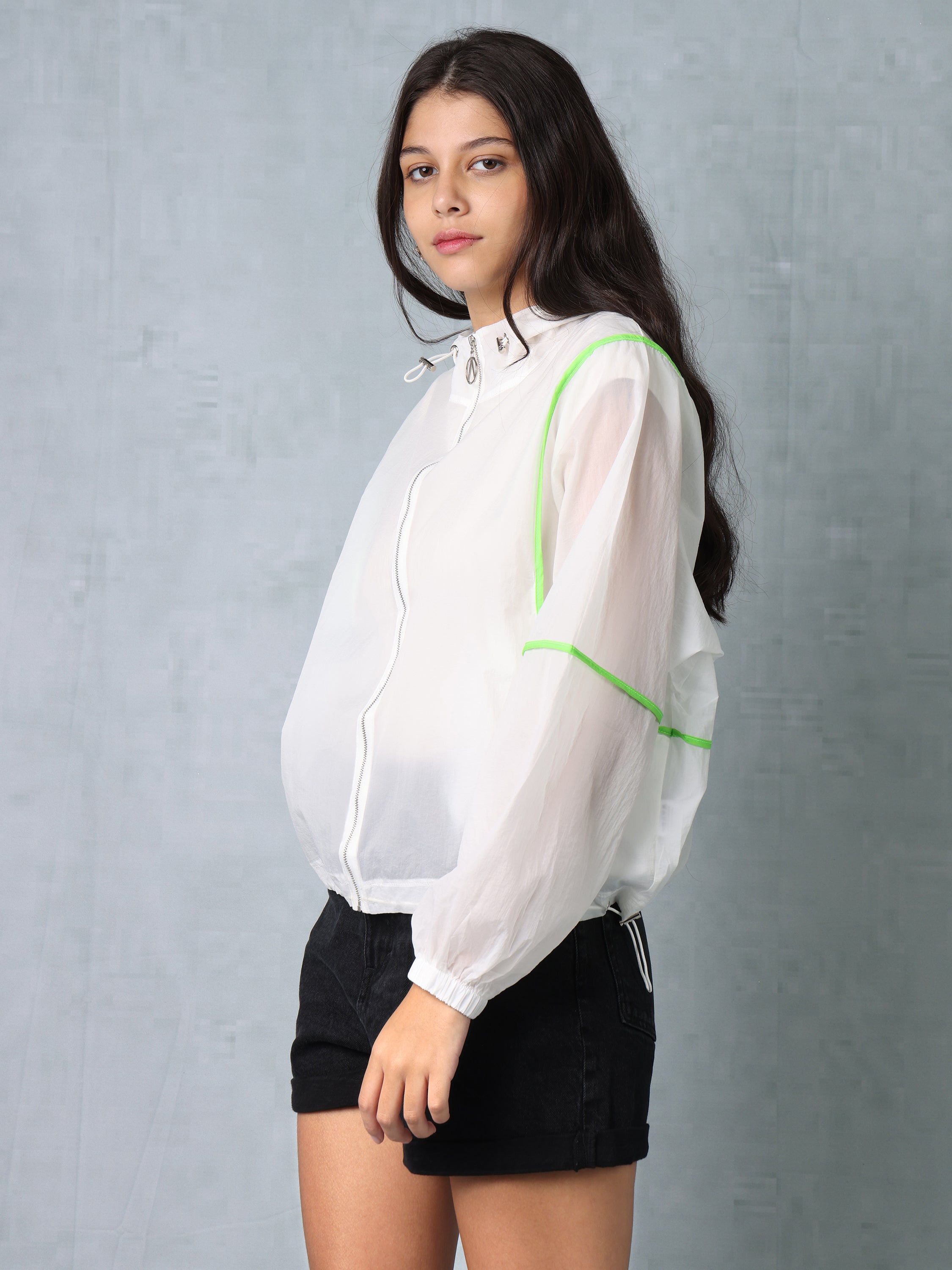 Women White/Neon Green Parachute Hooded Jacket