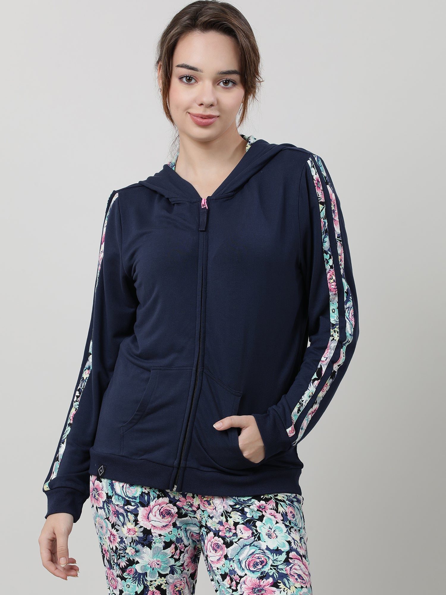 Women Navy Blue Zipped Hoodie