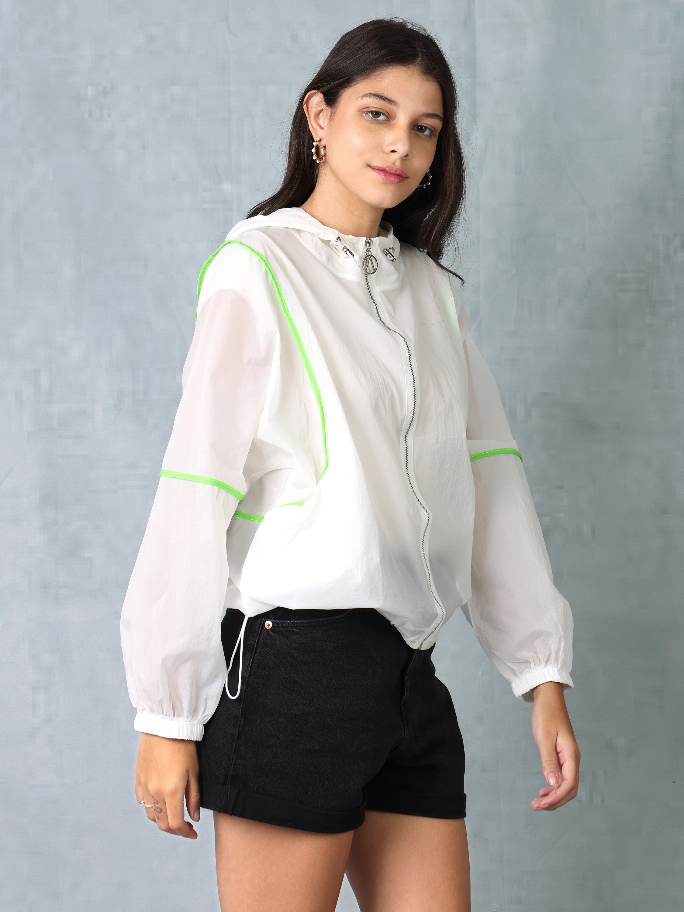 Women White/Neon Green Parachute Hooded Jacket