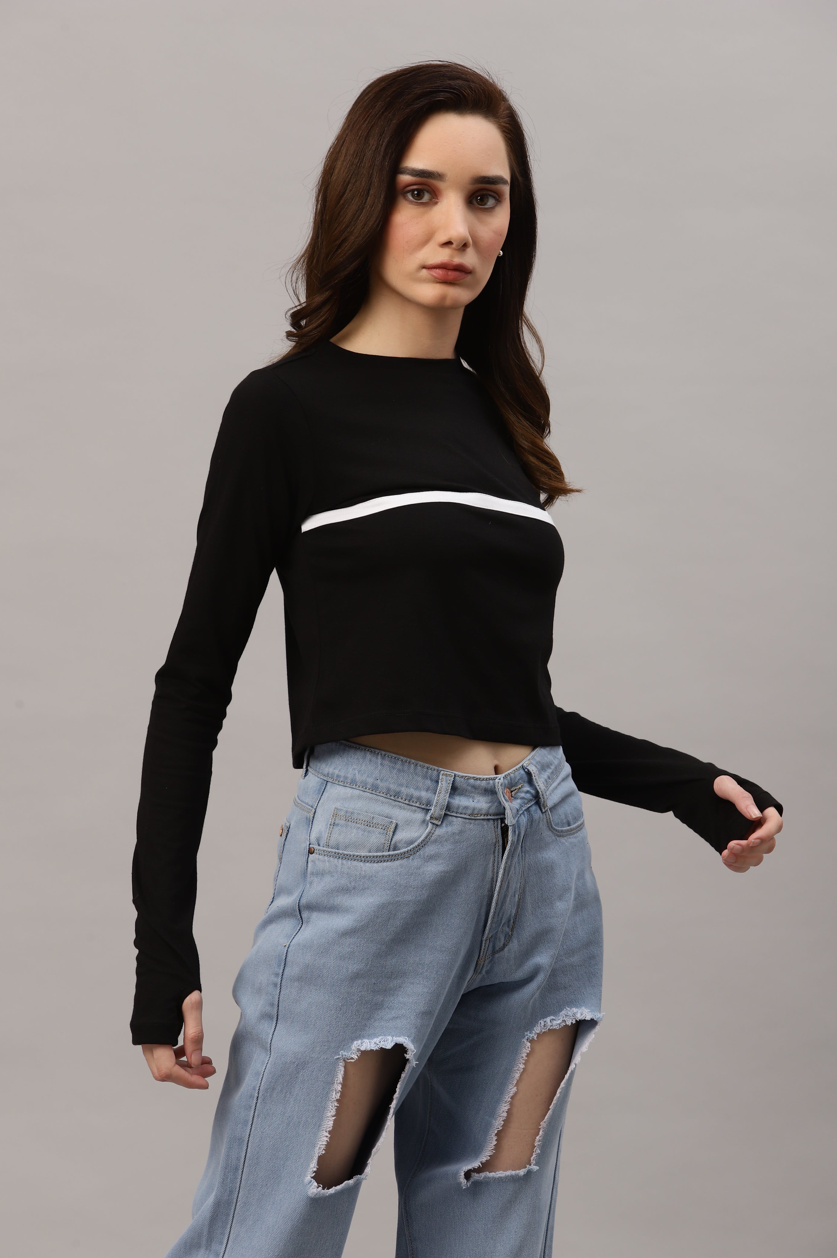 Women Black Colorblocked Crop Top