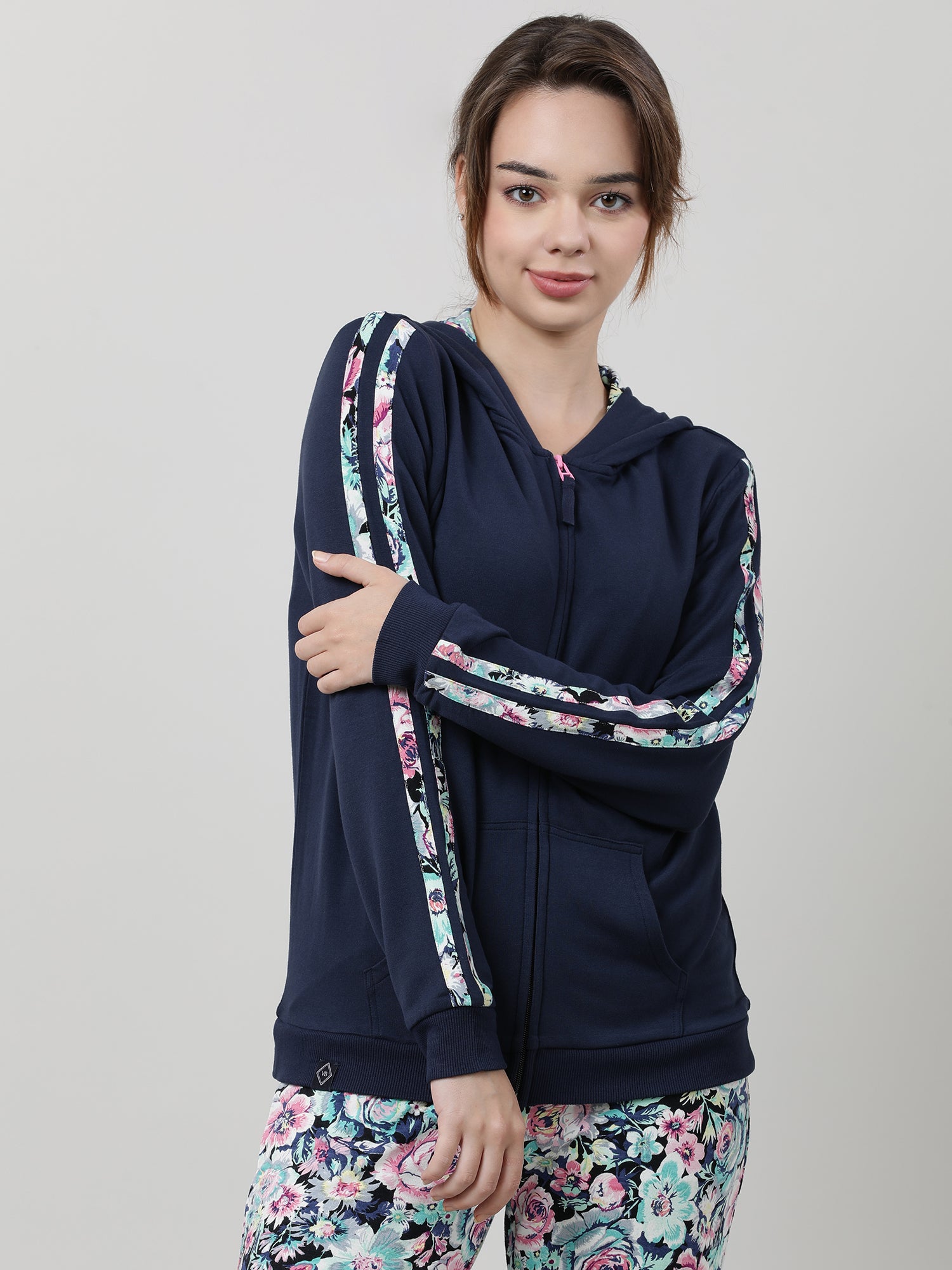 Women Navy Blue Zipped Hoodie