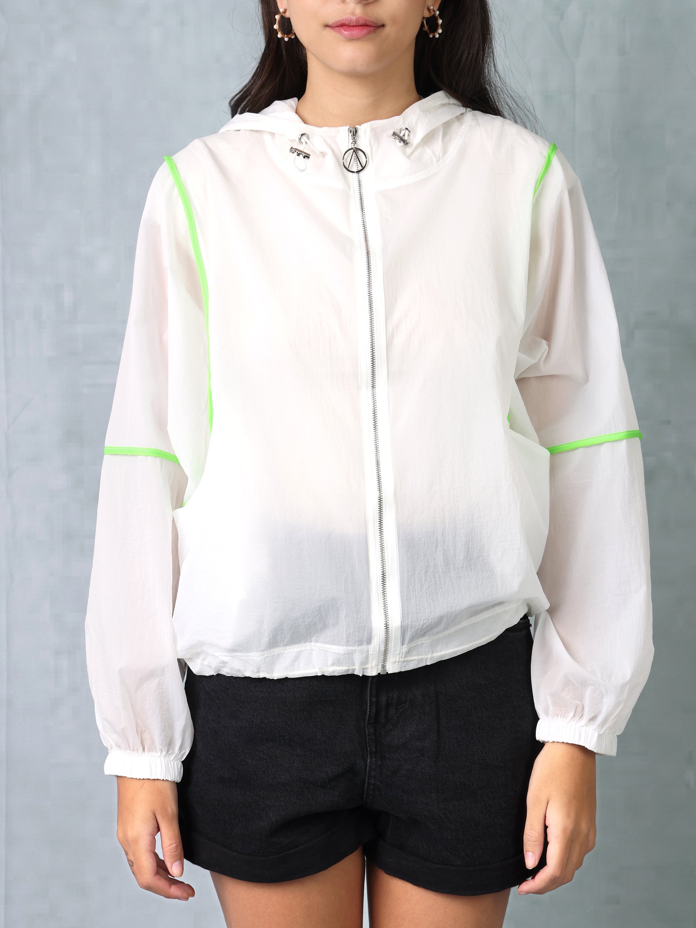Women White/Neon Green Parachute Hooded Jacket