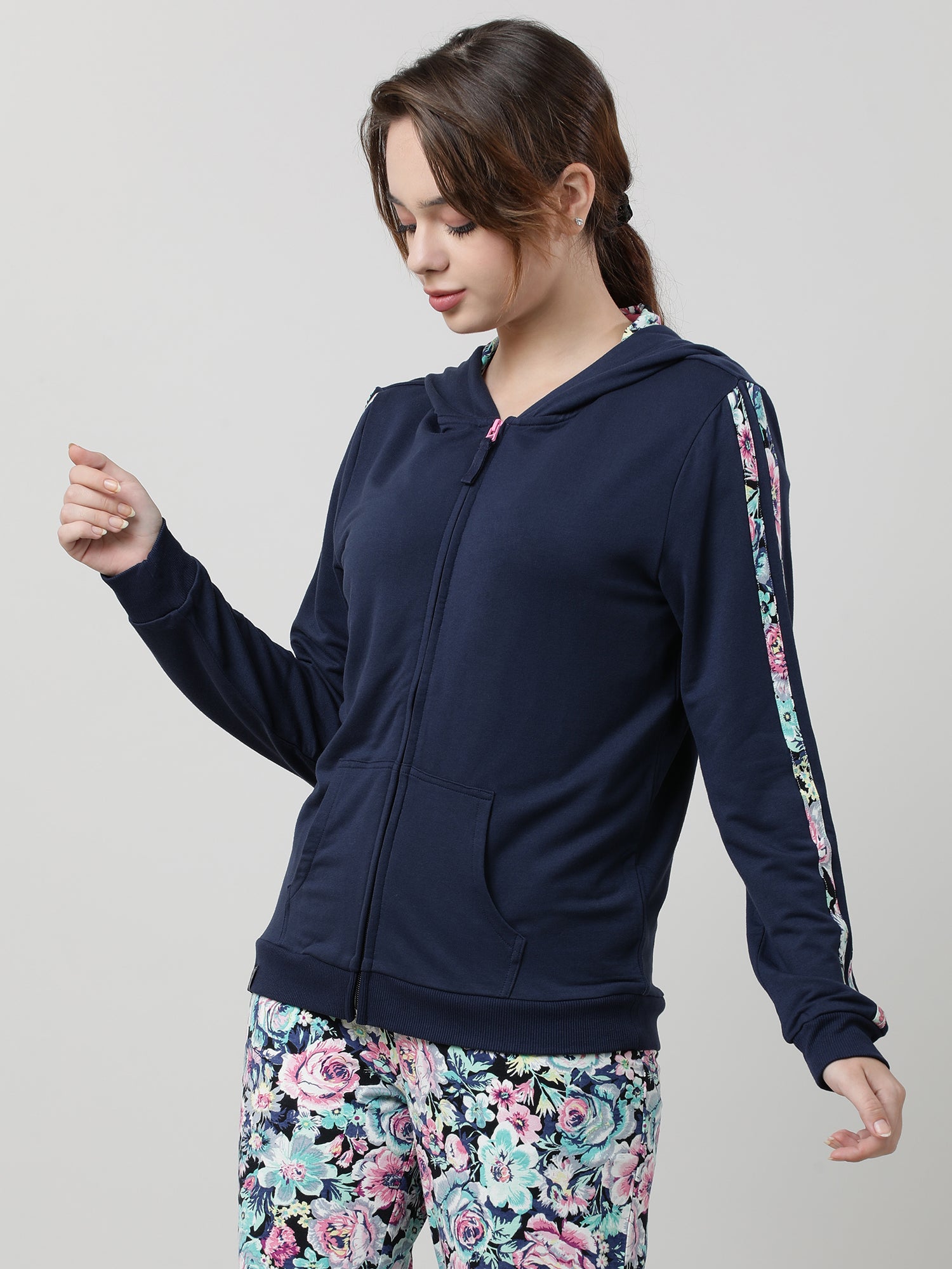 Women Navy Blue Zipped Hoodie