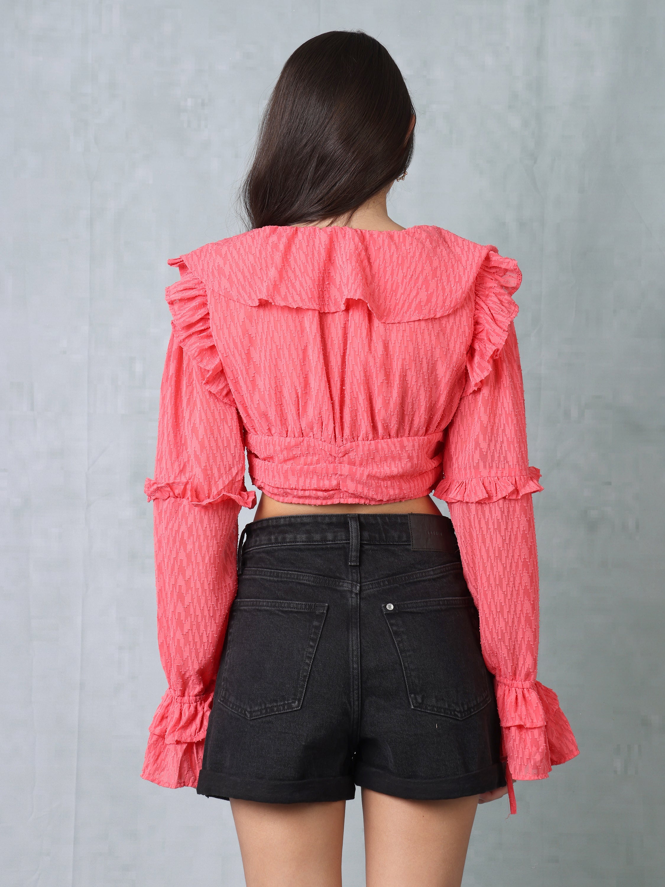 Women Red Frilled Crop Top