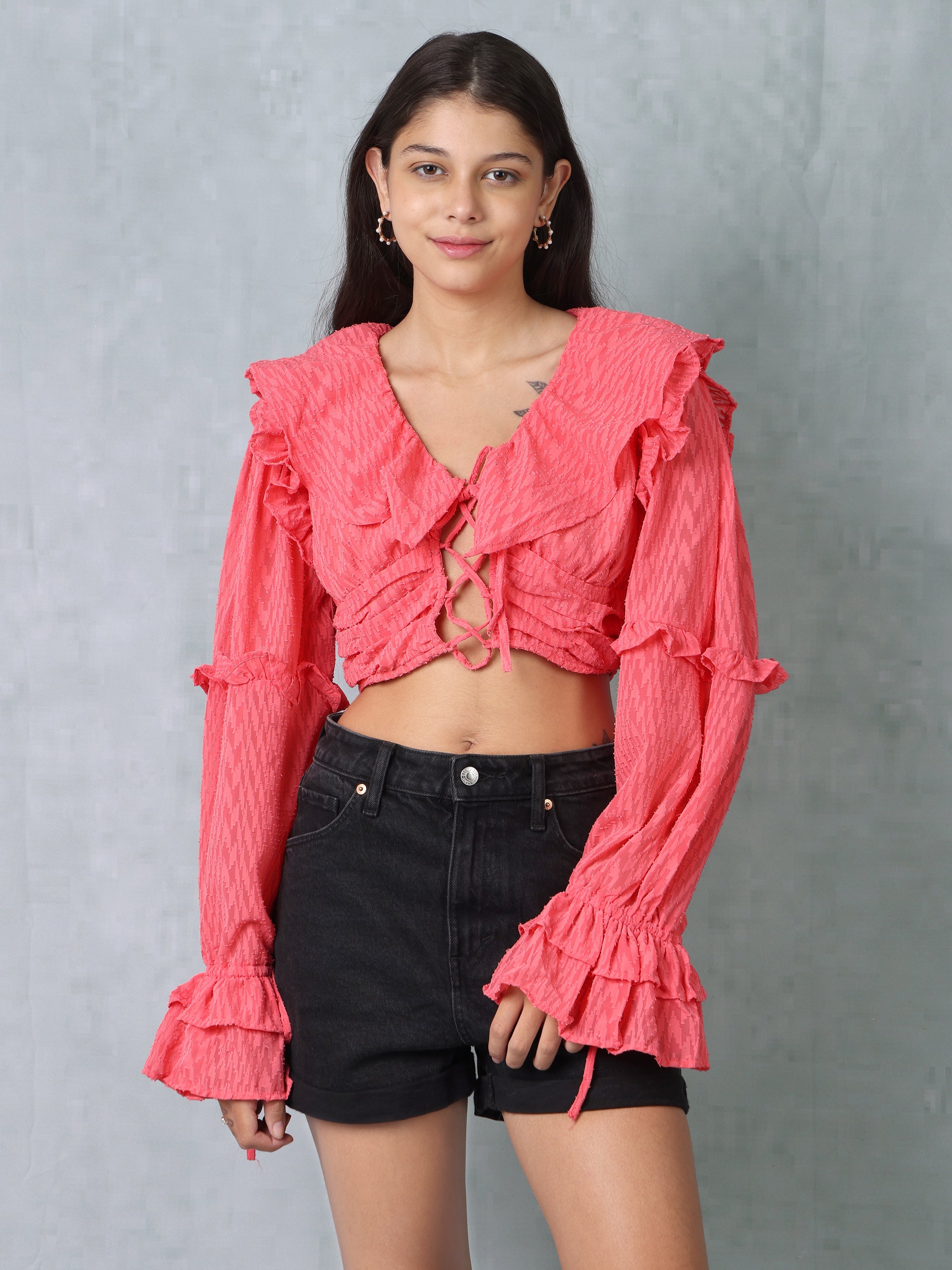 Women Red Frilled Crop Top