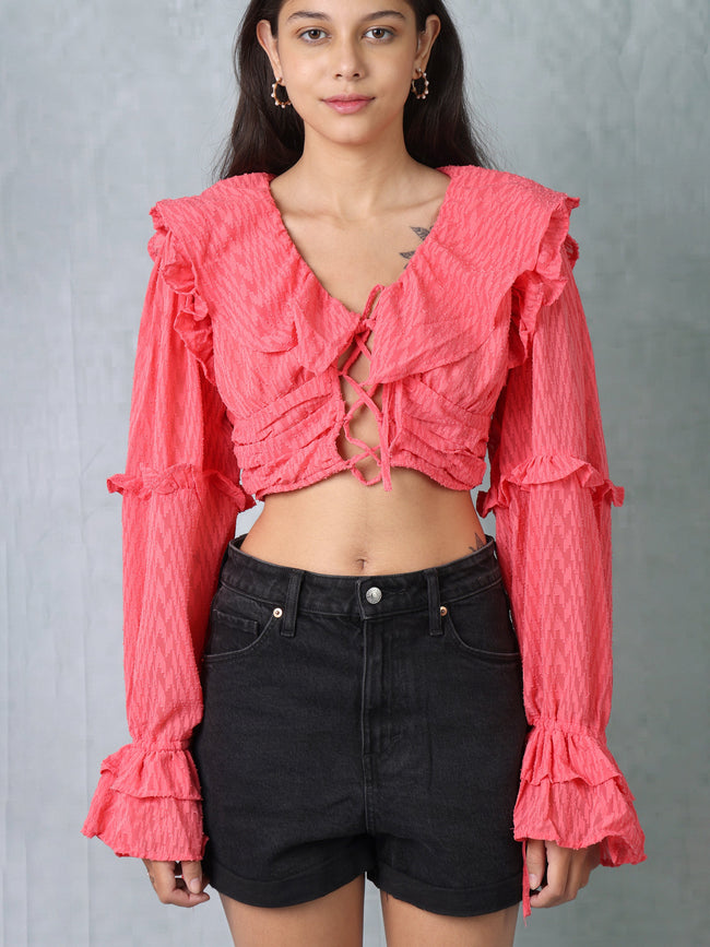 Women Red Frilled Crop Top