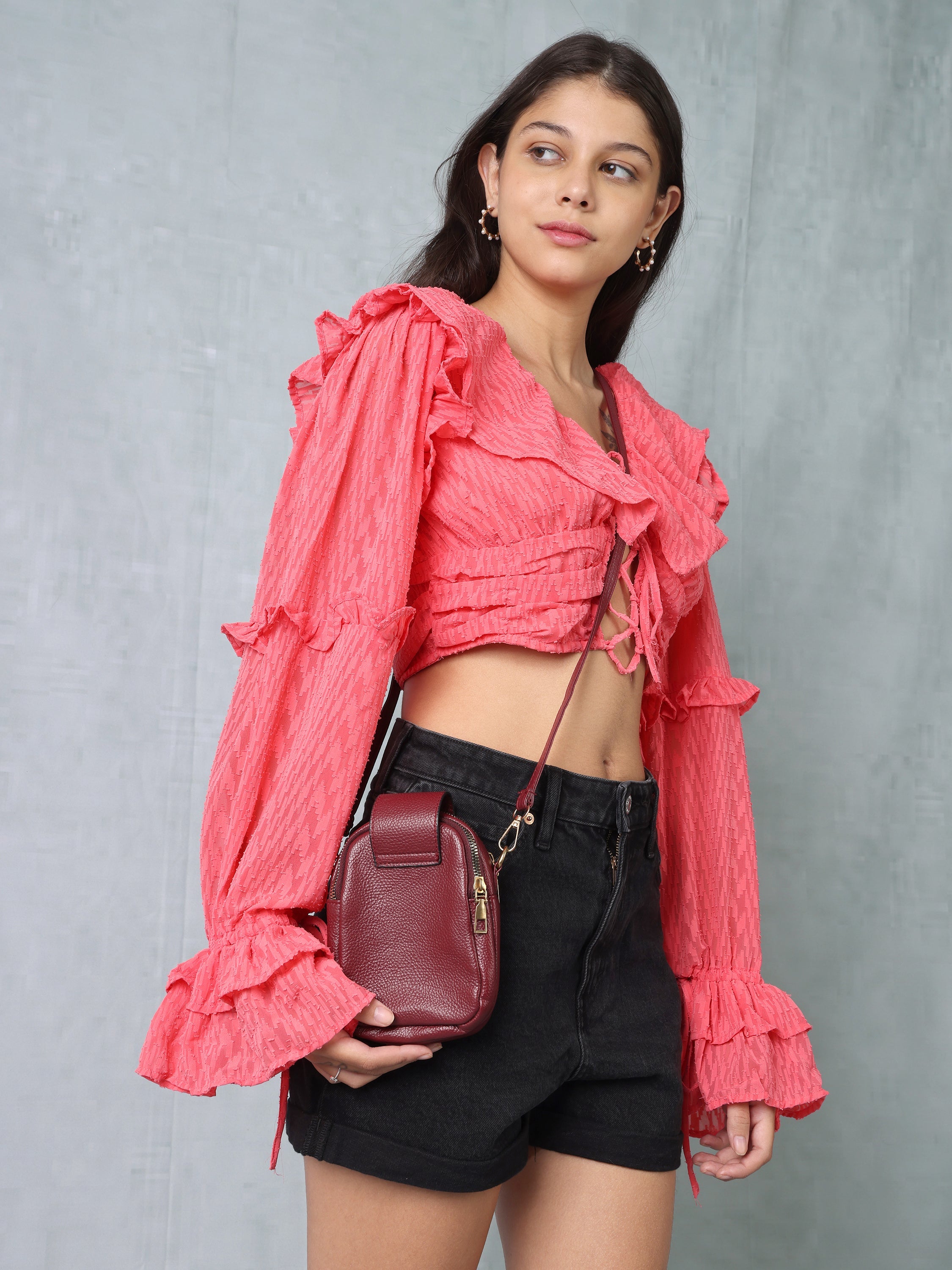 Women Red Frilled Crop Top