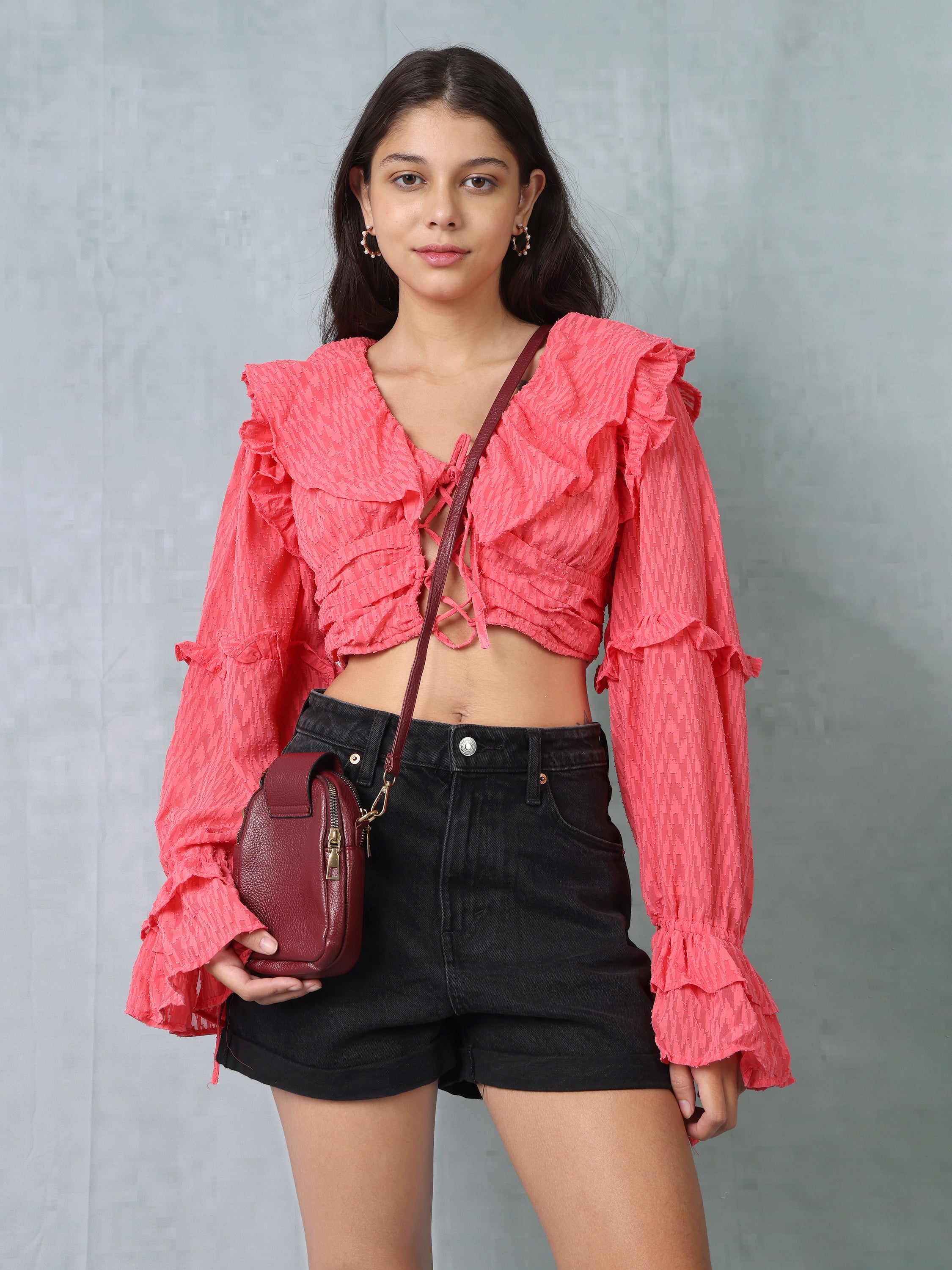 Women Red Frilled Crop Top