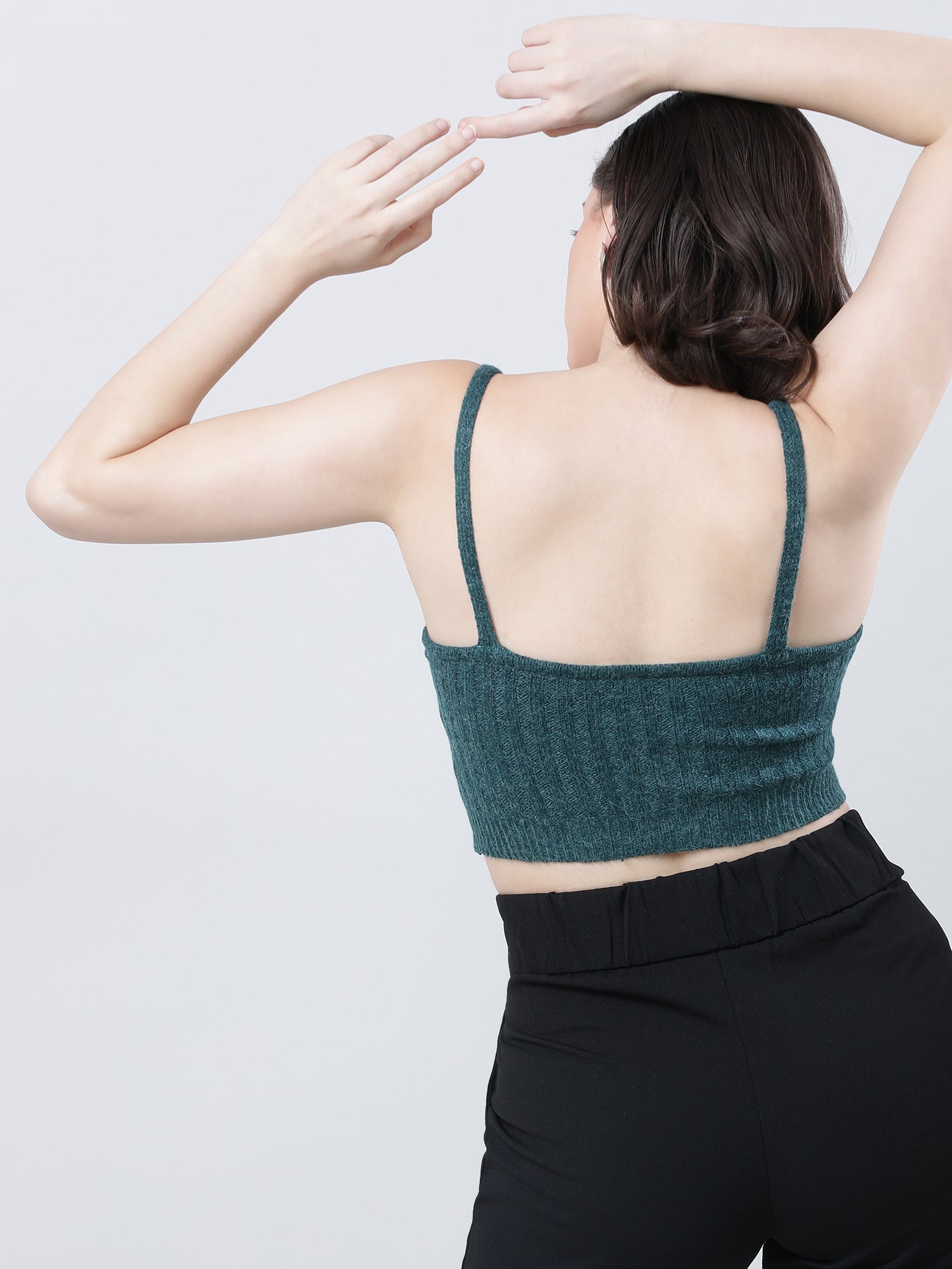 Women Slim Fit Light Dark Green Ribbed Strappy Crop Top