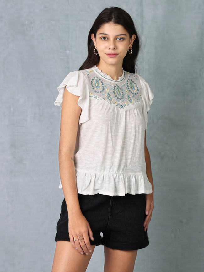 Women White & Green Embroidered Top