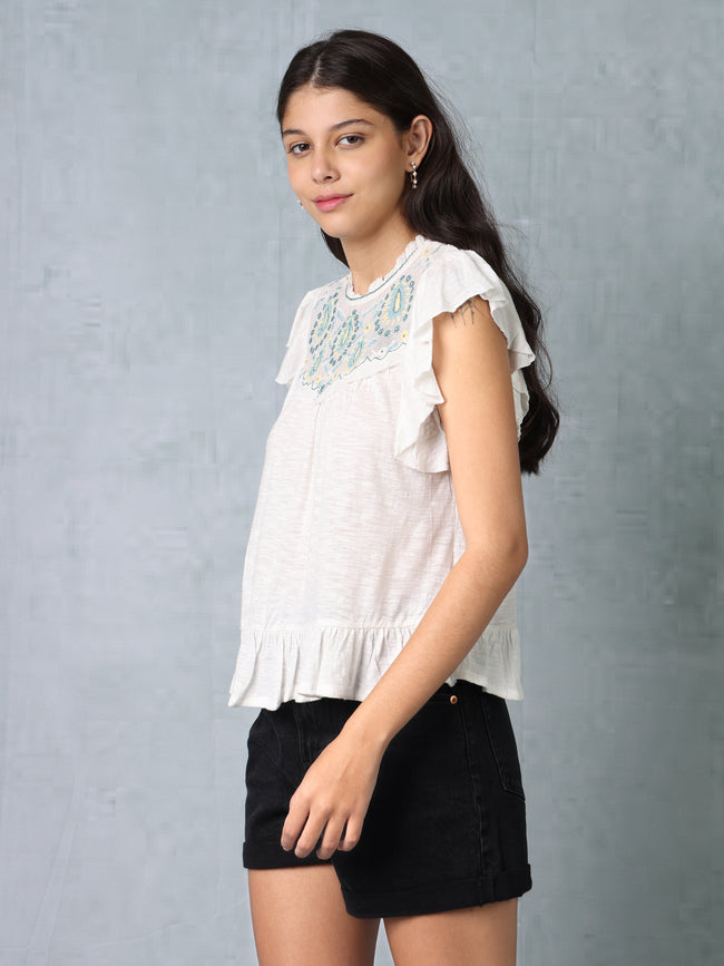 Women White & Green Embroidered Top
