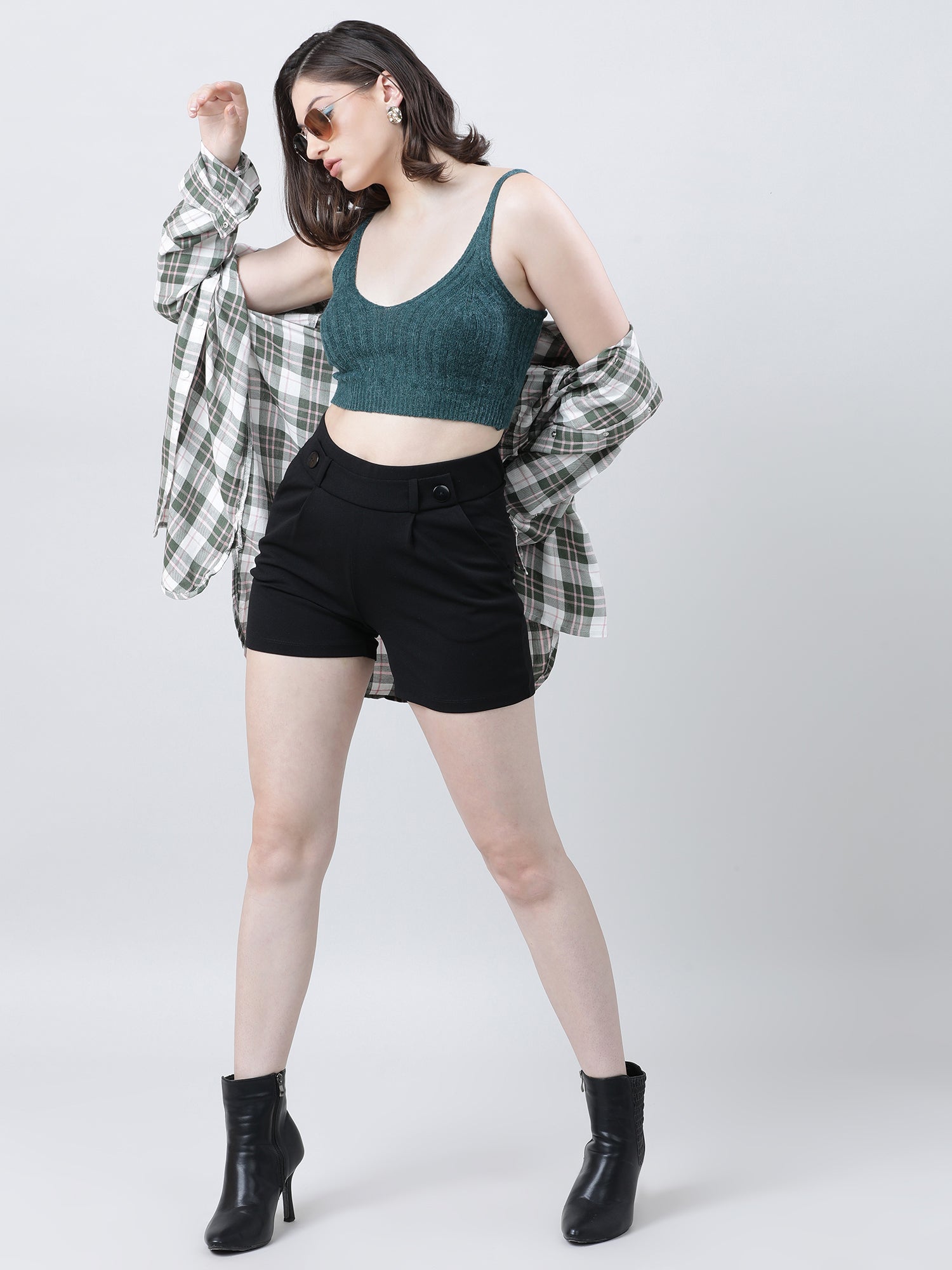 Women Slim Fit Light Dark Green Ribbed Strappy Crop Top