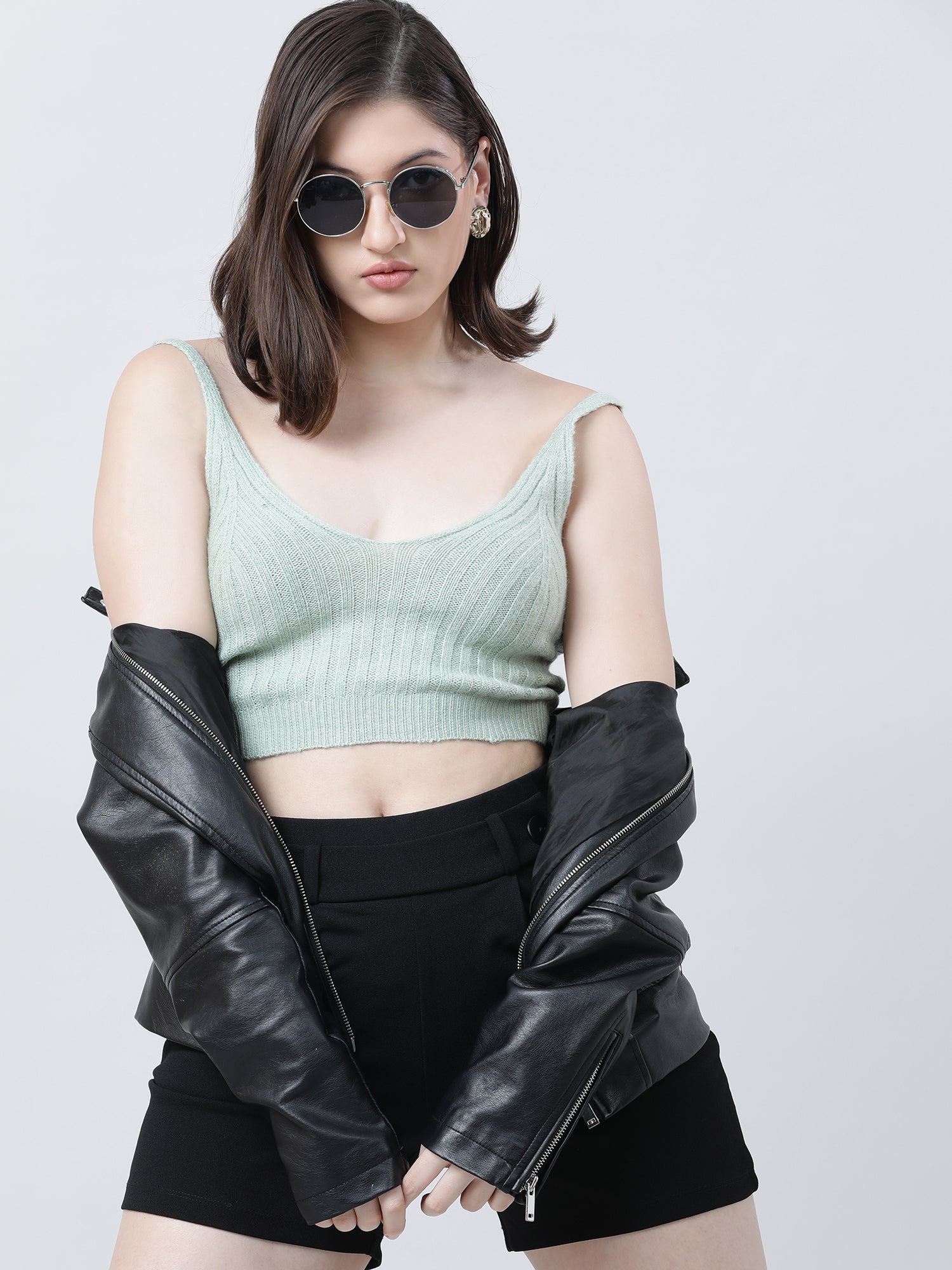 Women Slim Fit Light Green Ribbed Strappy Crop Top