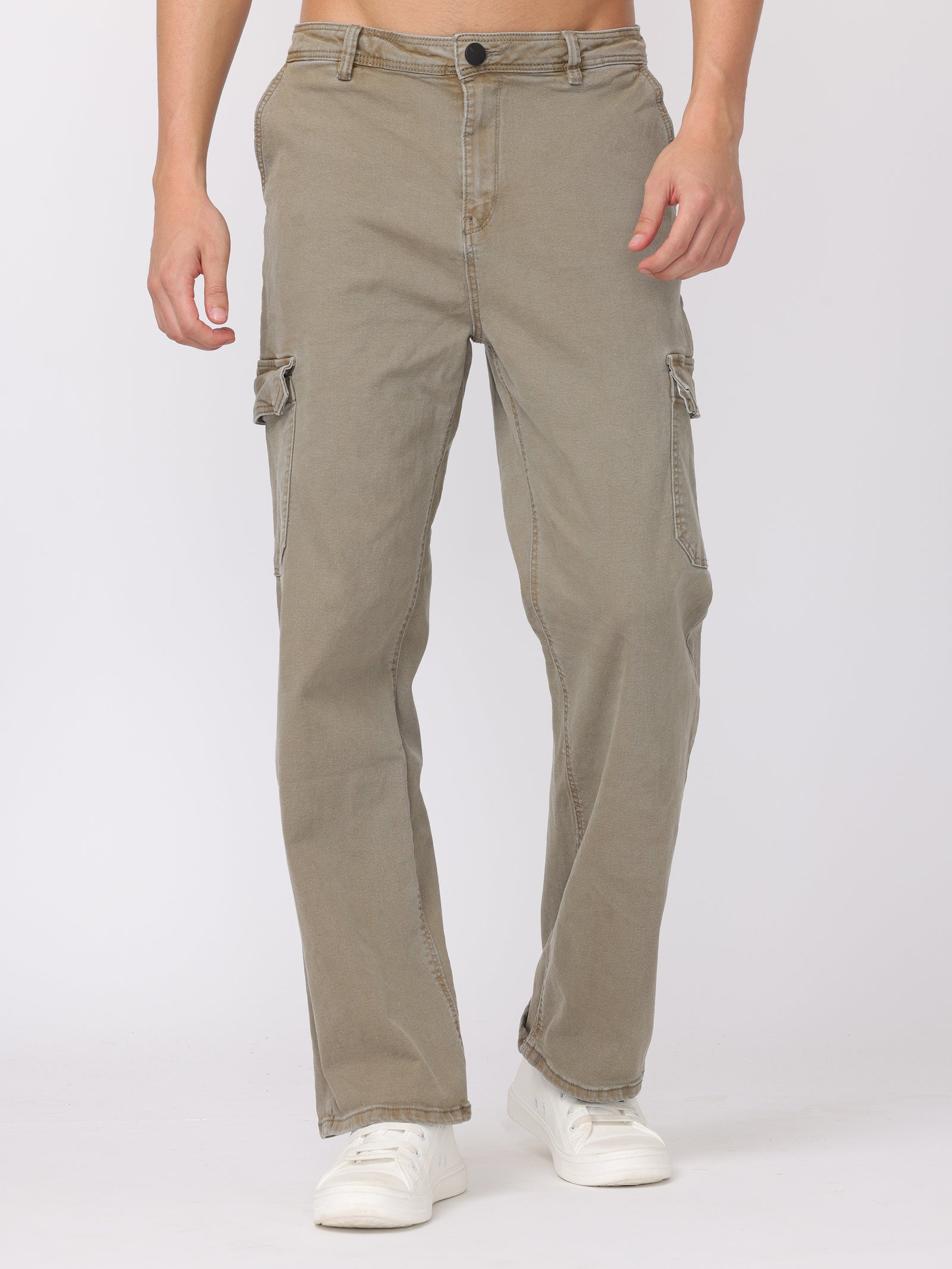 Men Washed Olive Straight Fit Cargo Pants