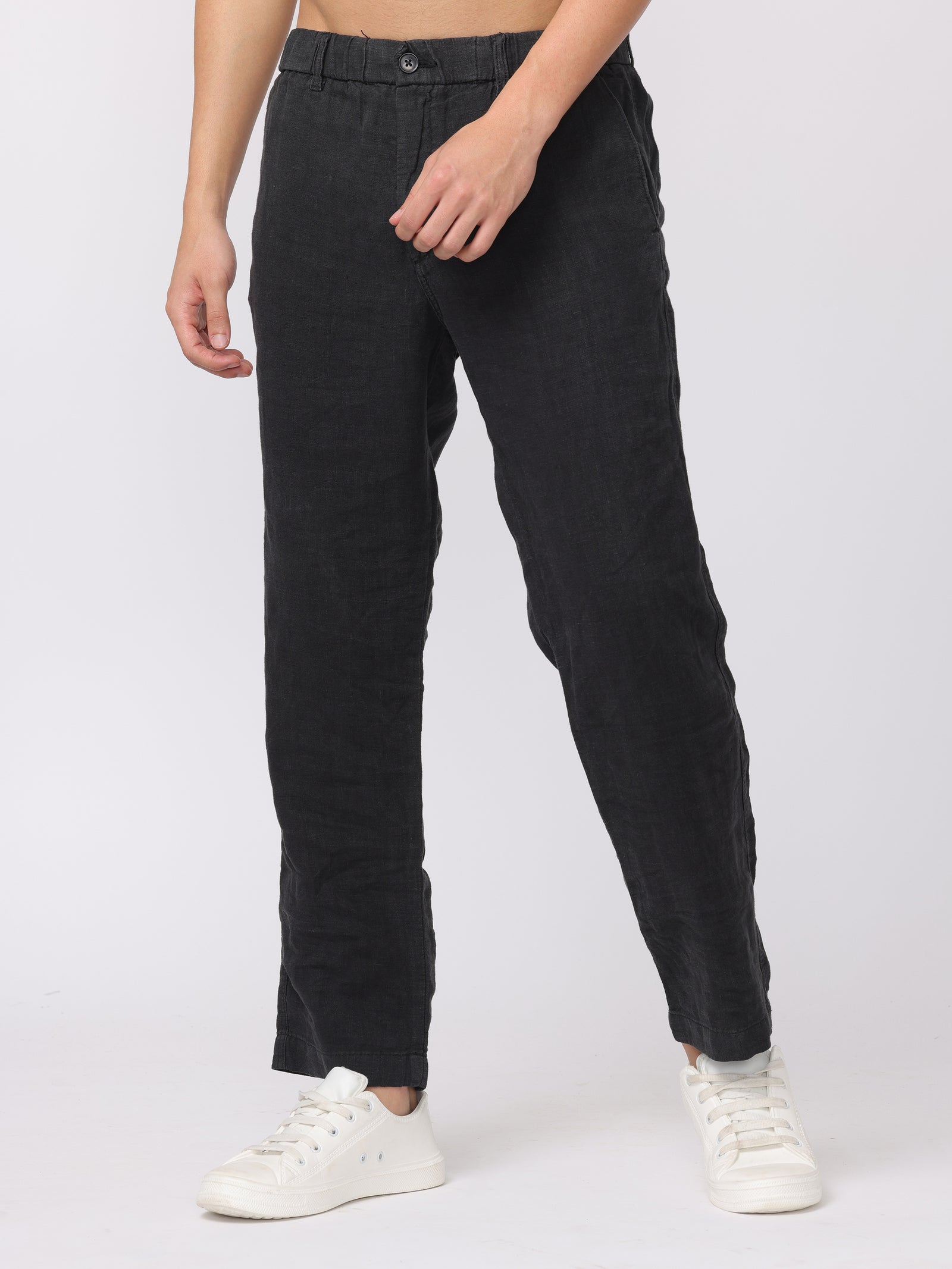 Men Black Comfort Fit Linen Pants