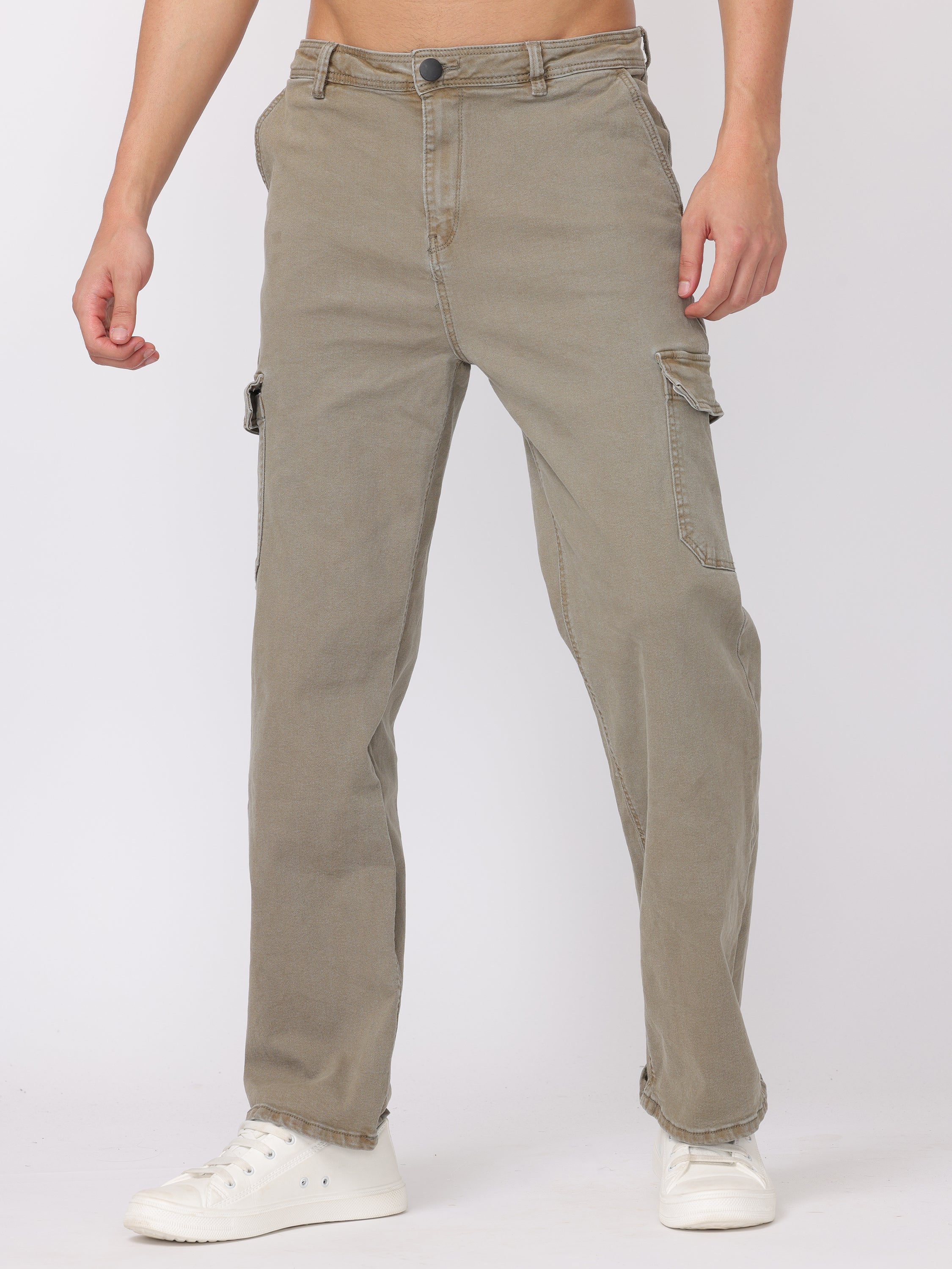 Men Washed Olive Straight Fit Cargo Pants