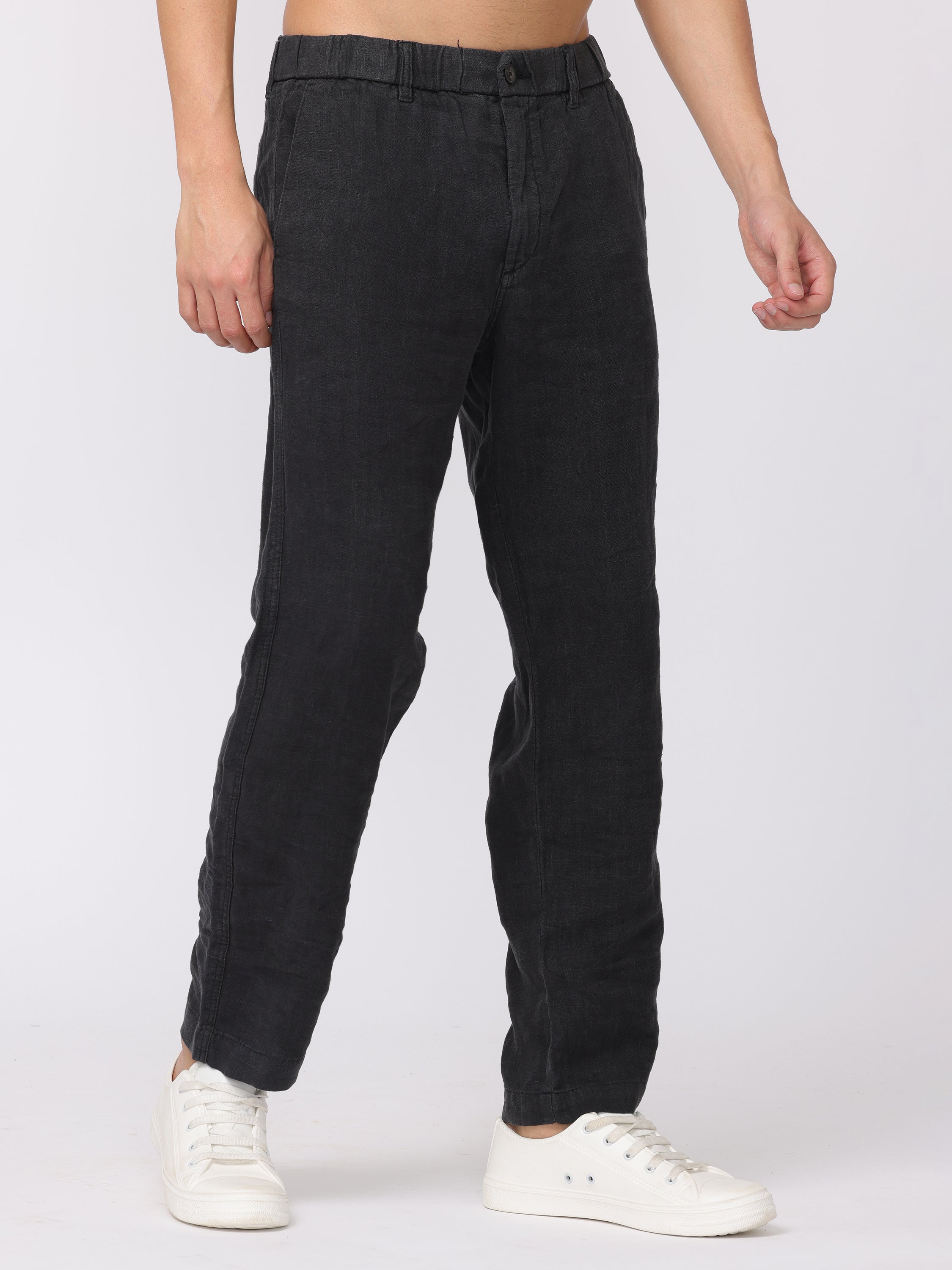 Men Black Comfort Fit Linen Pants