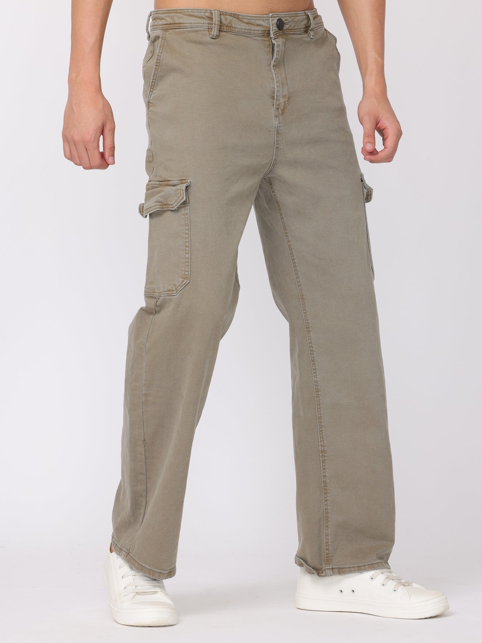 Men Washed Olive Straight Fit Cargo Pants