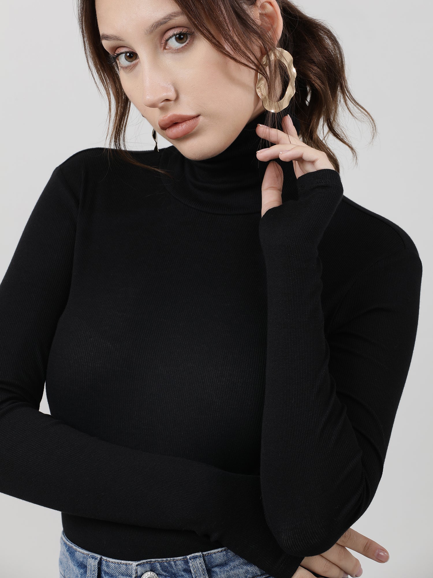 Women Slim Fit Black High Neck Ribbed Bodysuit