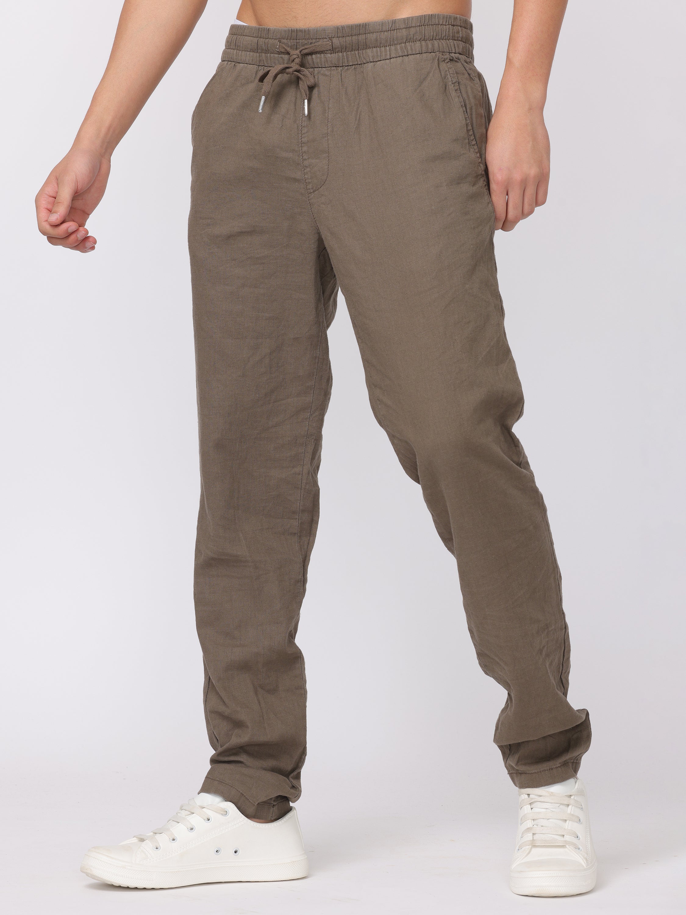 Men Brown Regular Fit Linen Blend Pants