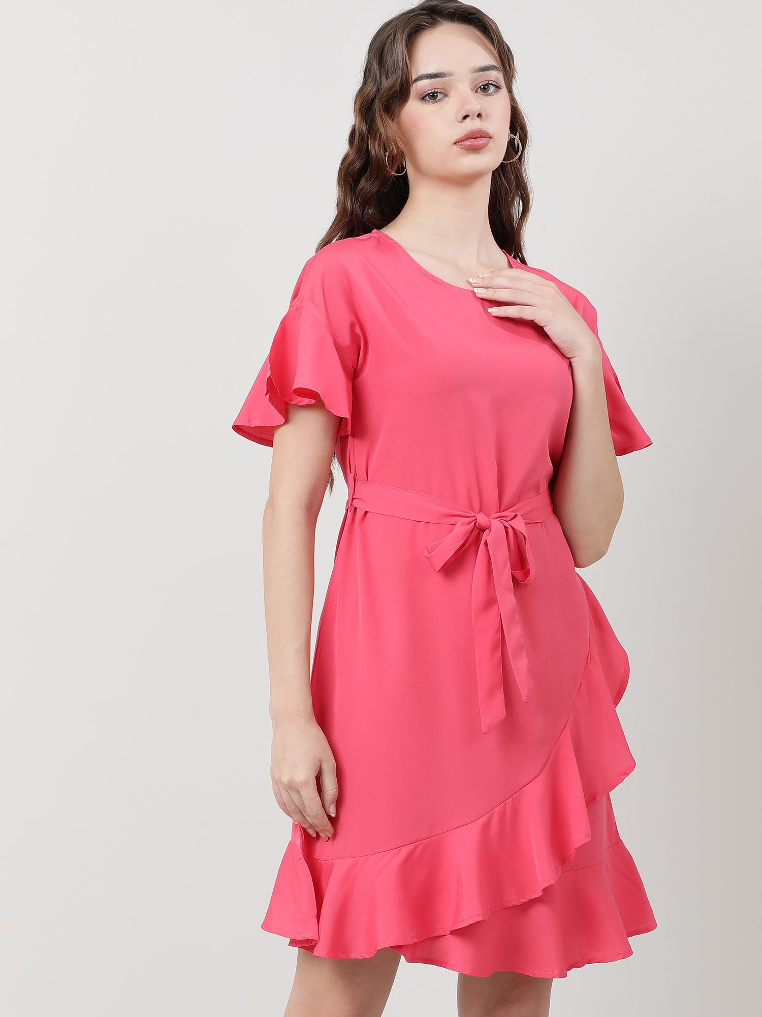 Women Regular Fit Coral A Line Dress With Belt