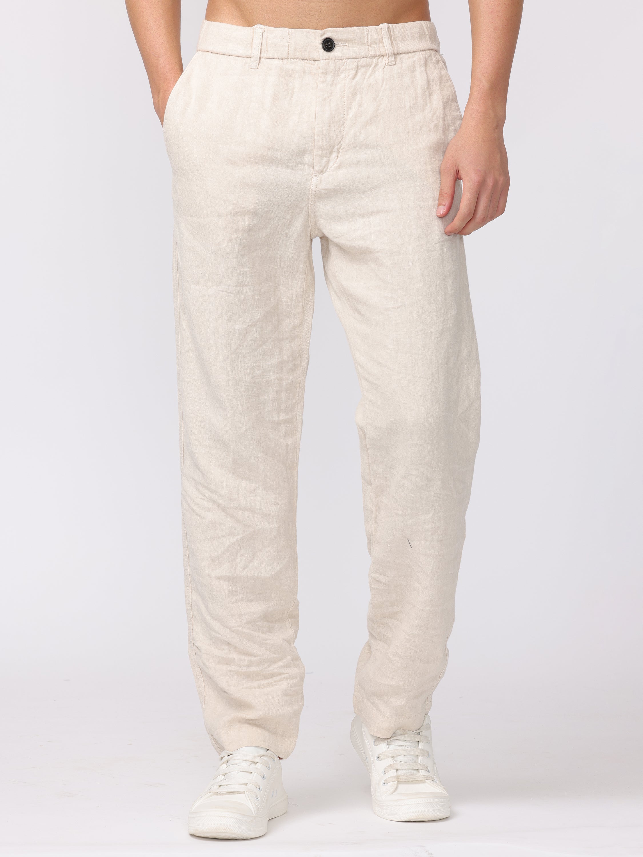 Men Cream Comfort Fit Linen Pants