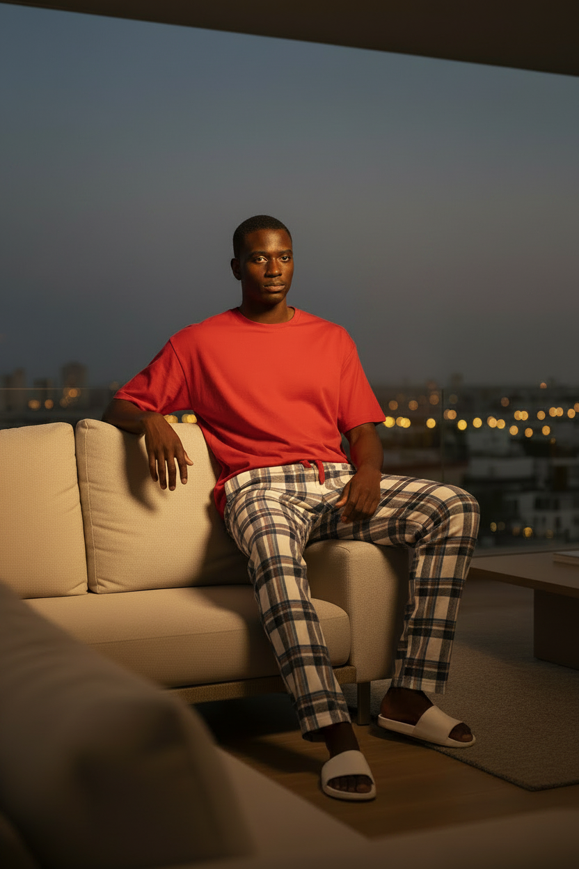 Men Oversized White Cotton Checkered Knit Lounge Pants