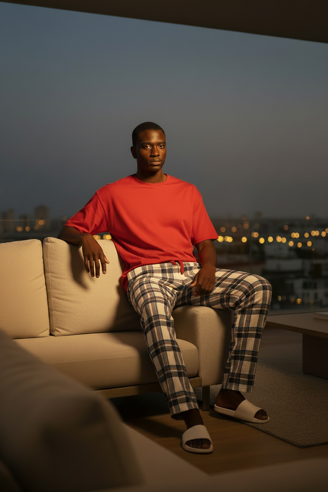 Men Oversized White Cotton Checkered Knit Lounge Pants