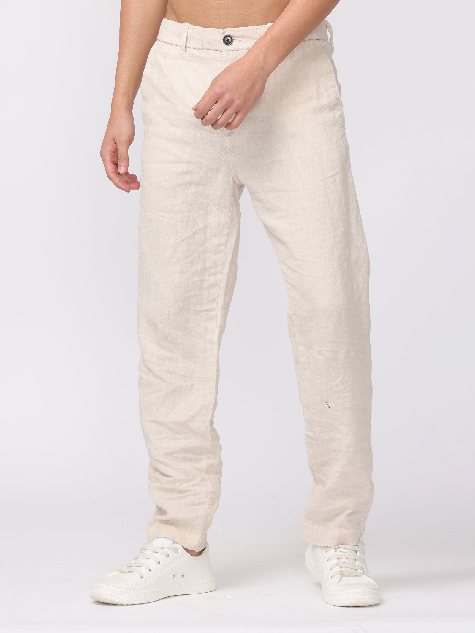 Men Cream Comfort Fit Linen Pants