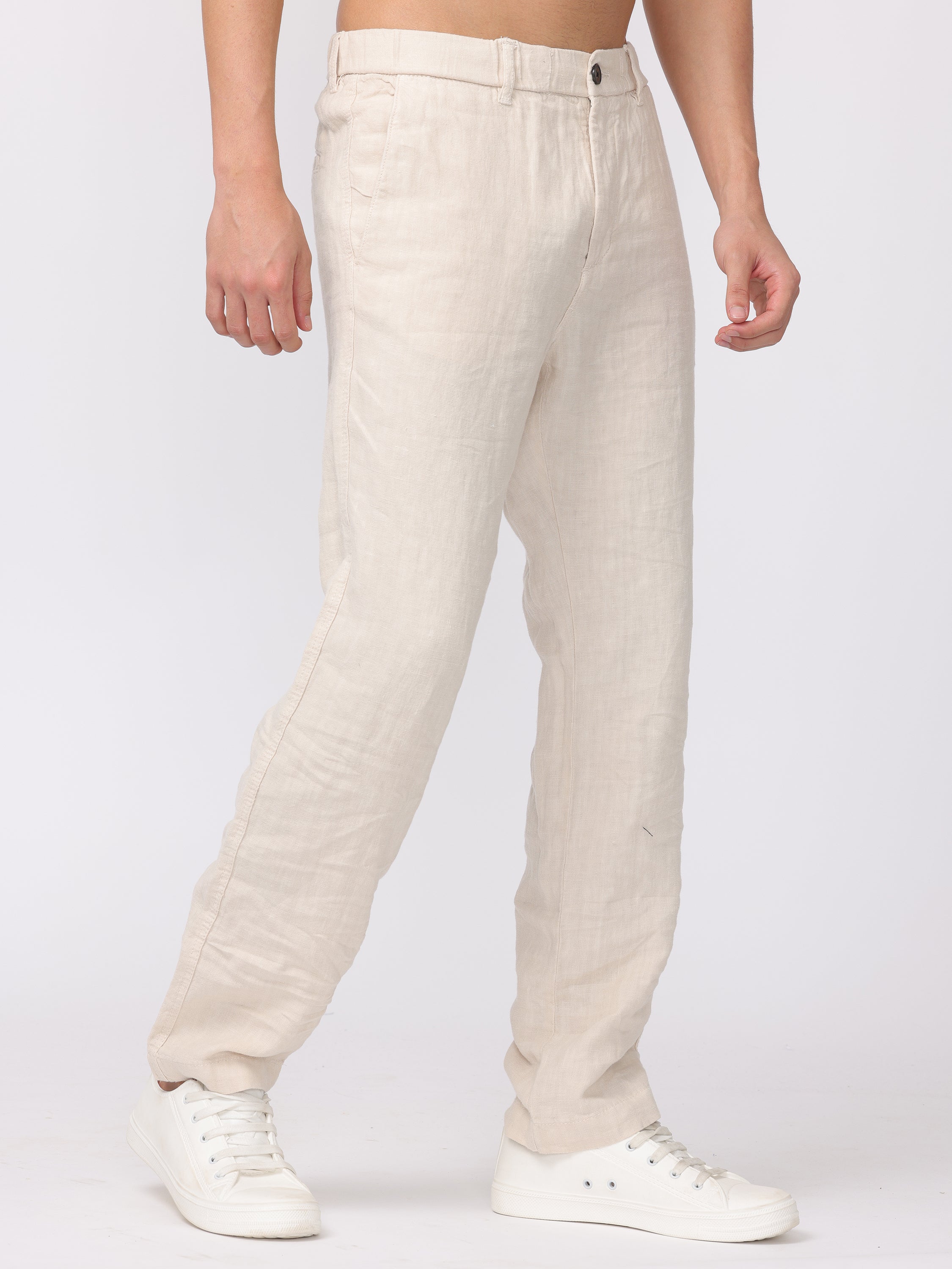 Men Cream Comfort Fit Linen Pants