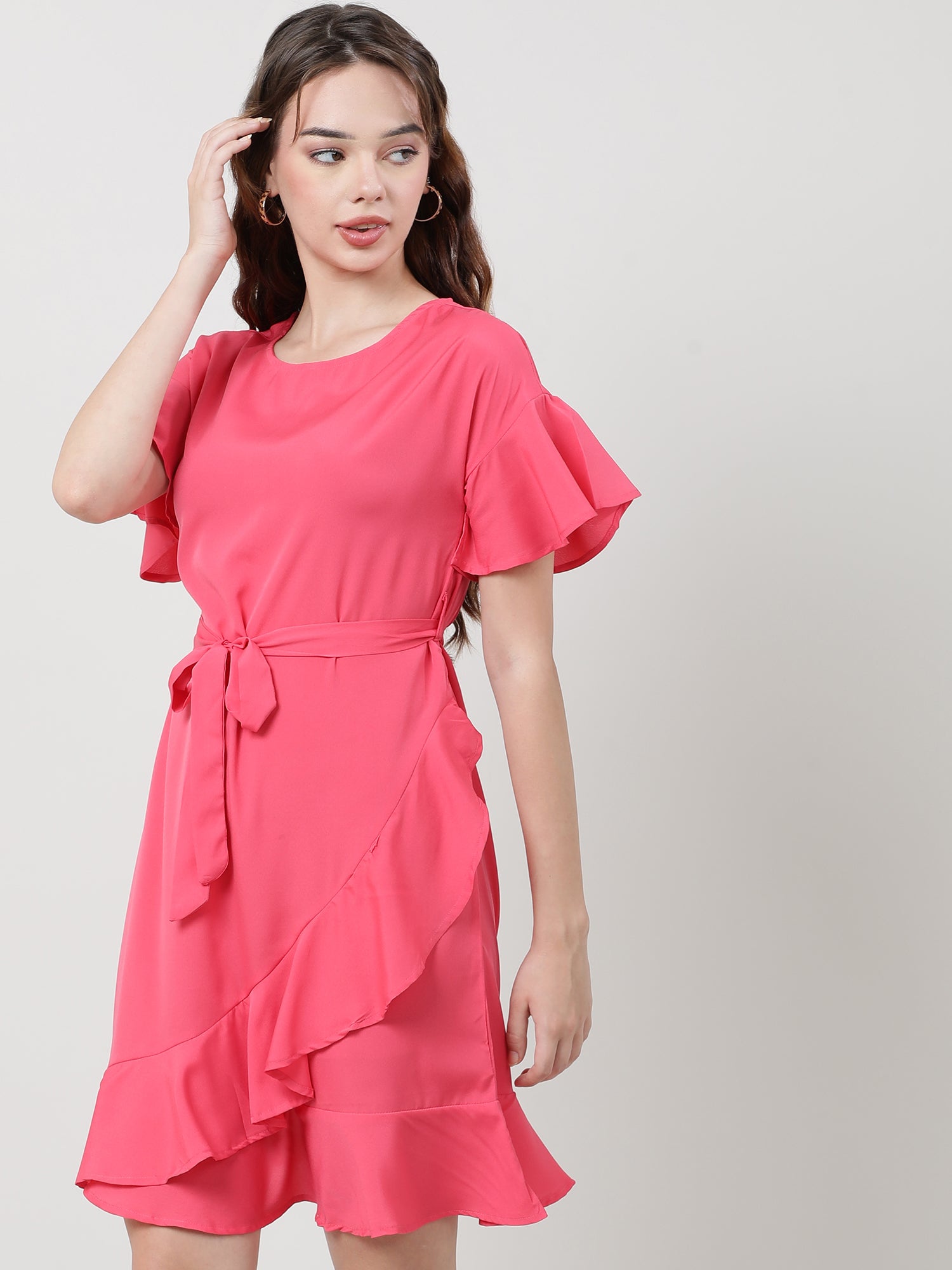 Women Regular Fit Coral A Line Dress With Belt