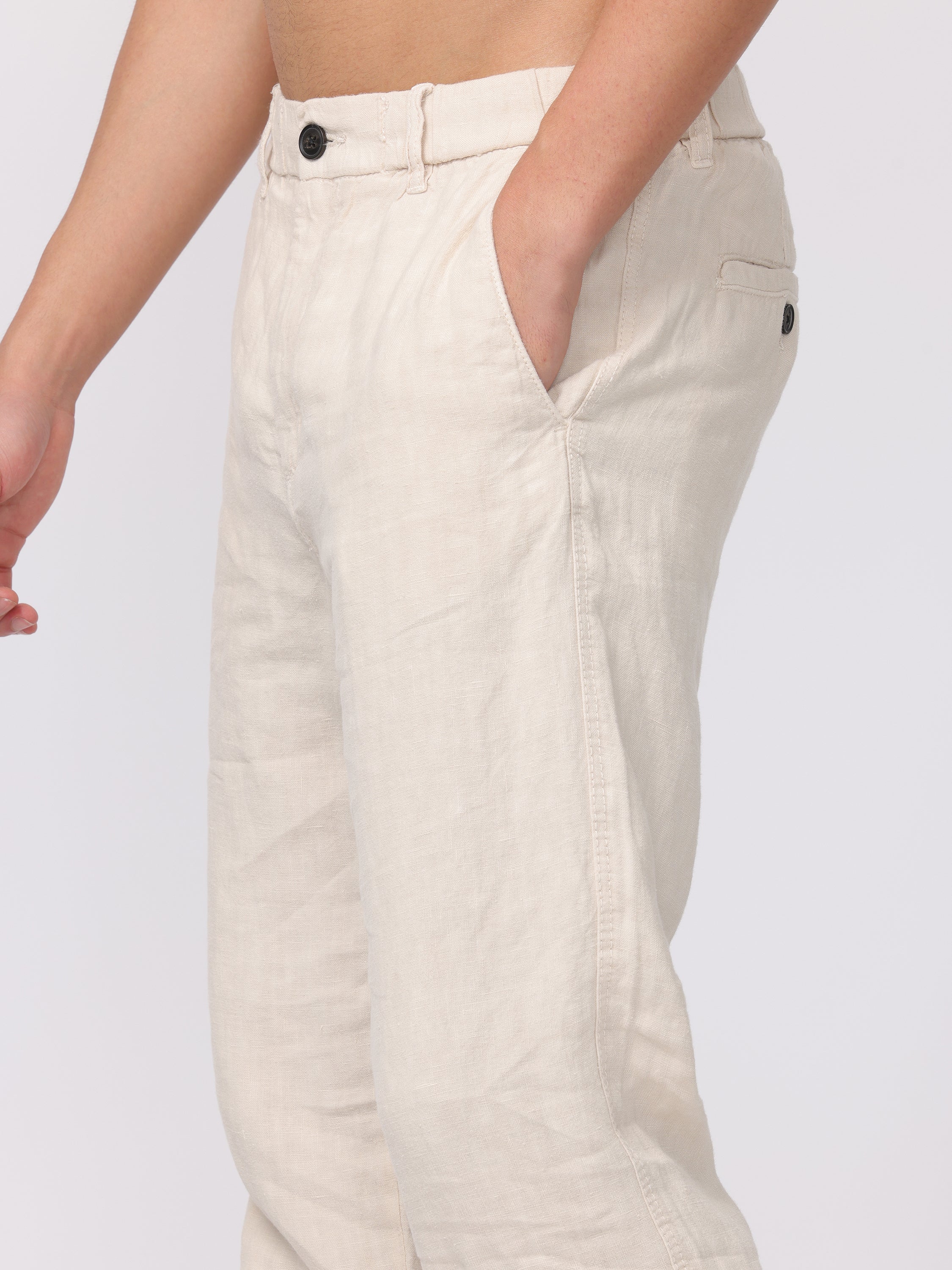 Men Cream Comfort Fit Linen Pants