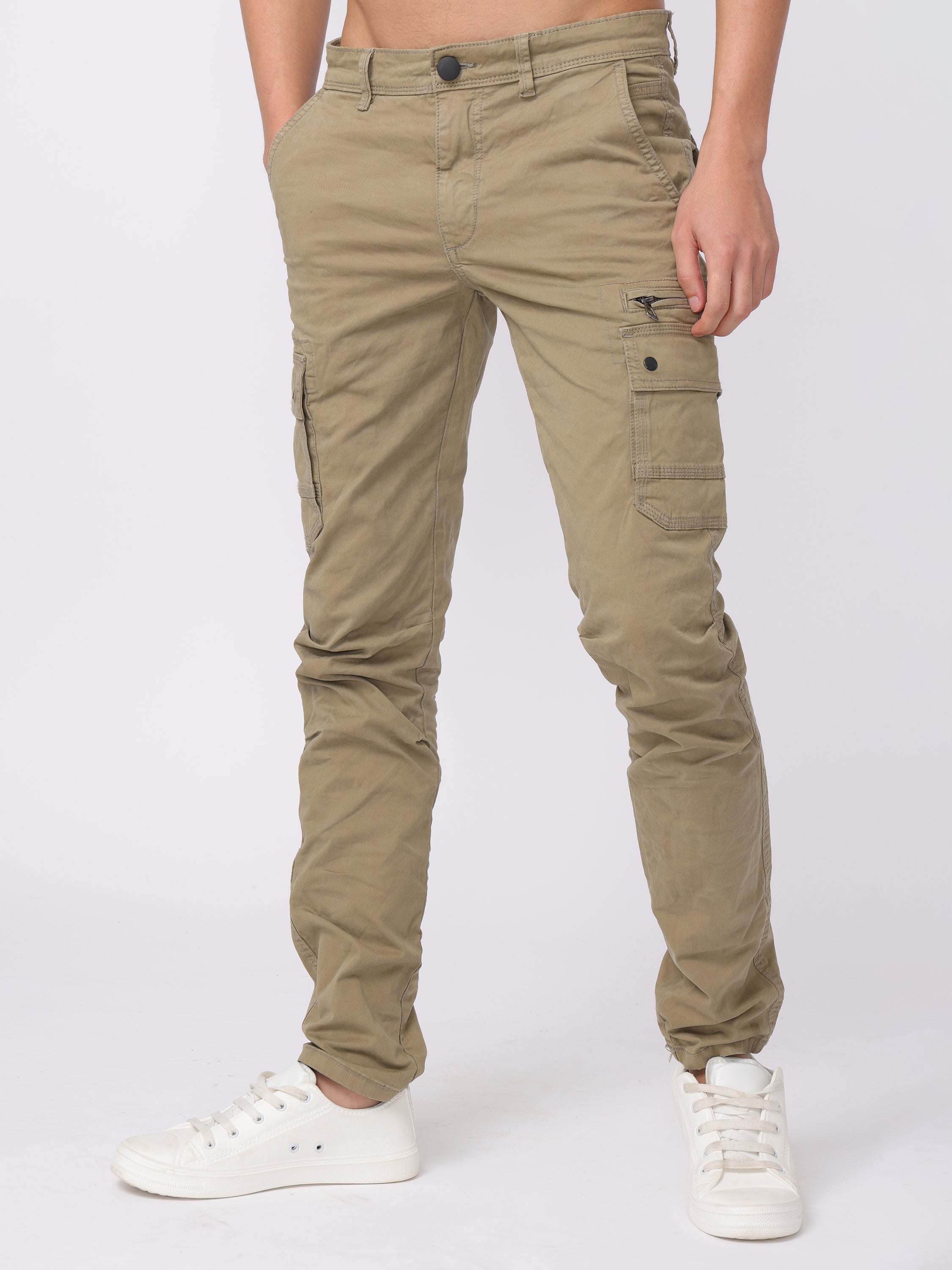 Men Beige Regular Fit Cargo Pants