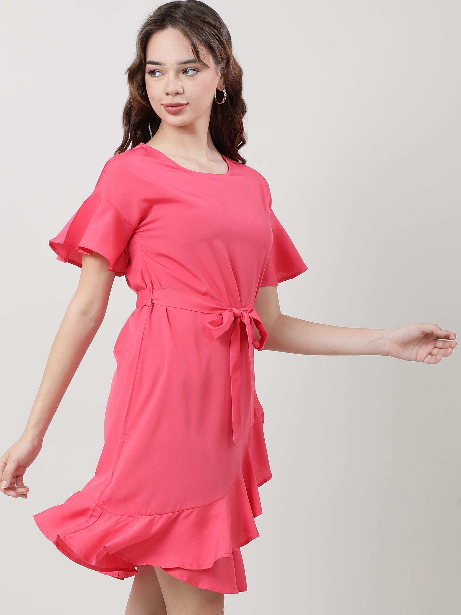 Women Regular Fit Coral A Line Dress With Belt