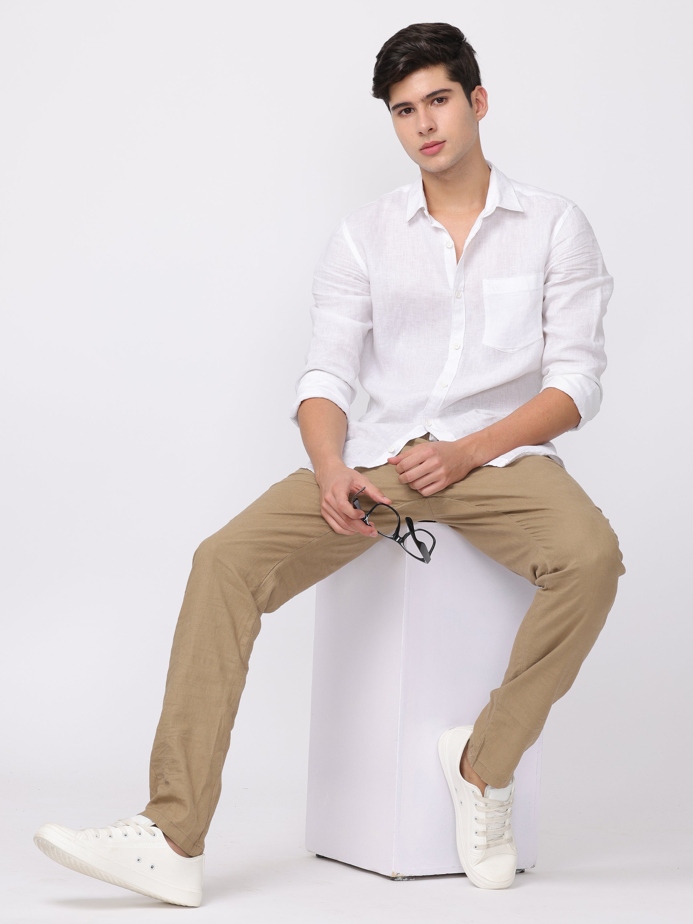 Men Beige Regular Fit Linen Blend Pants