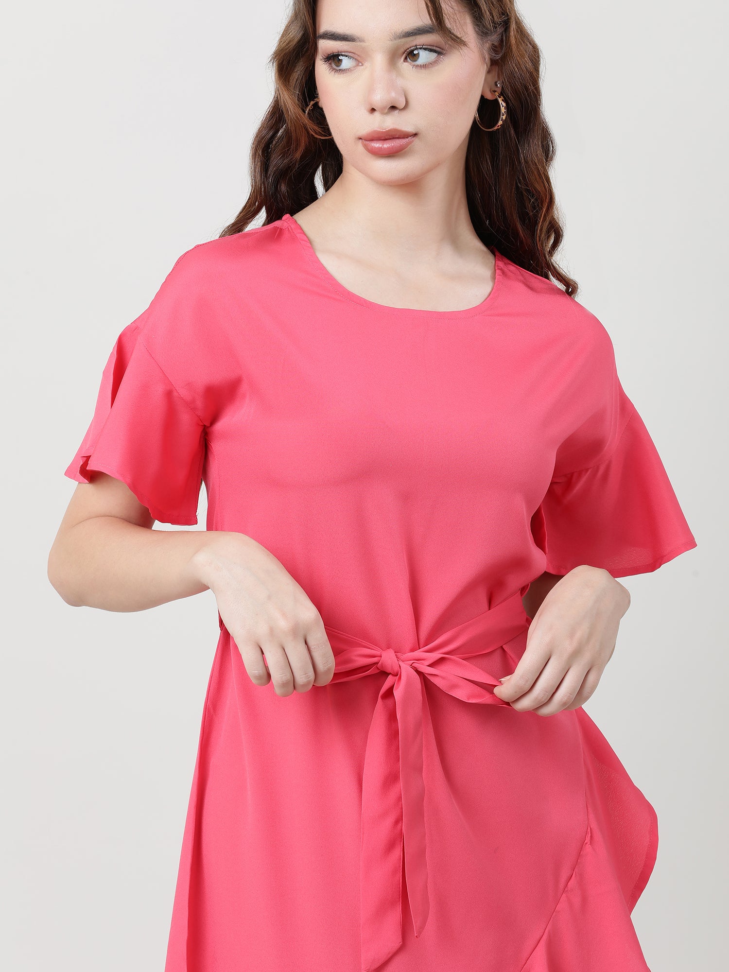 Women Regular Fit Coral A Line Dress With Belt